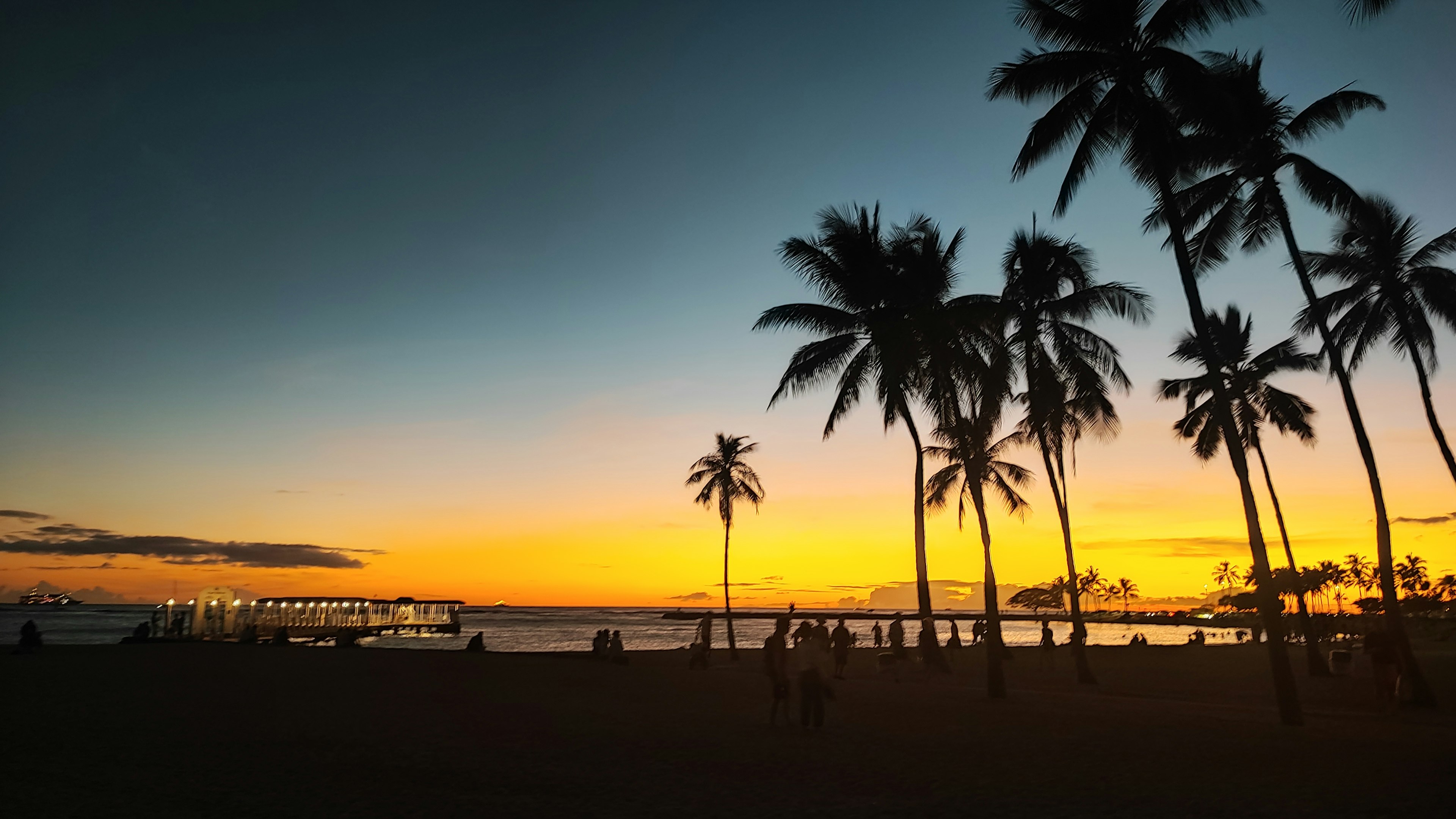 Silhouetted palm trees against a vibrant sunset at the beach