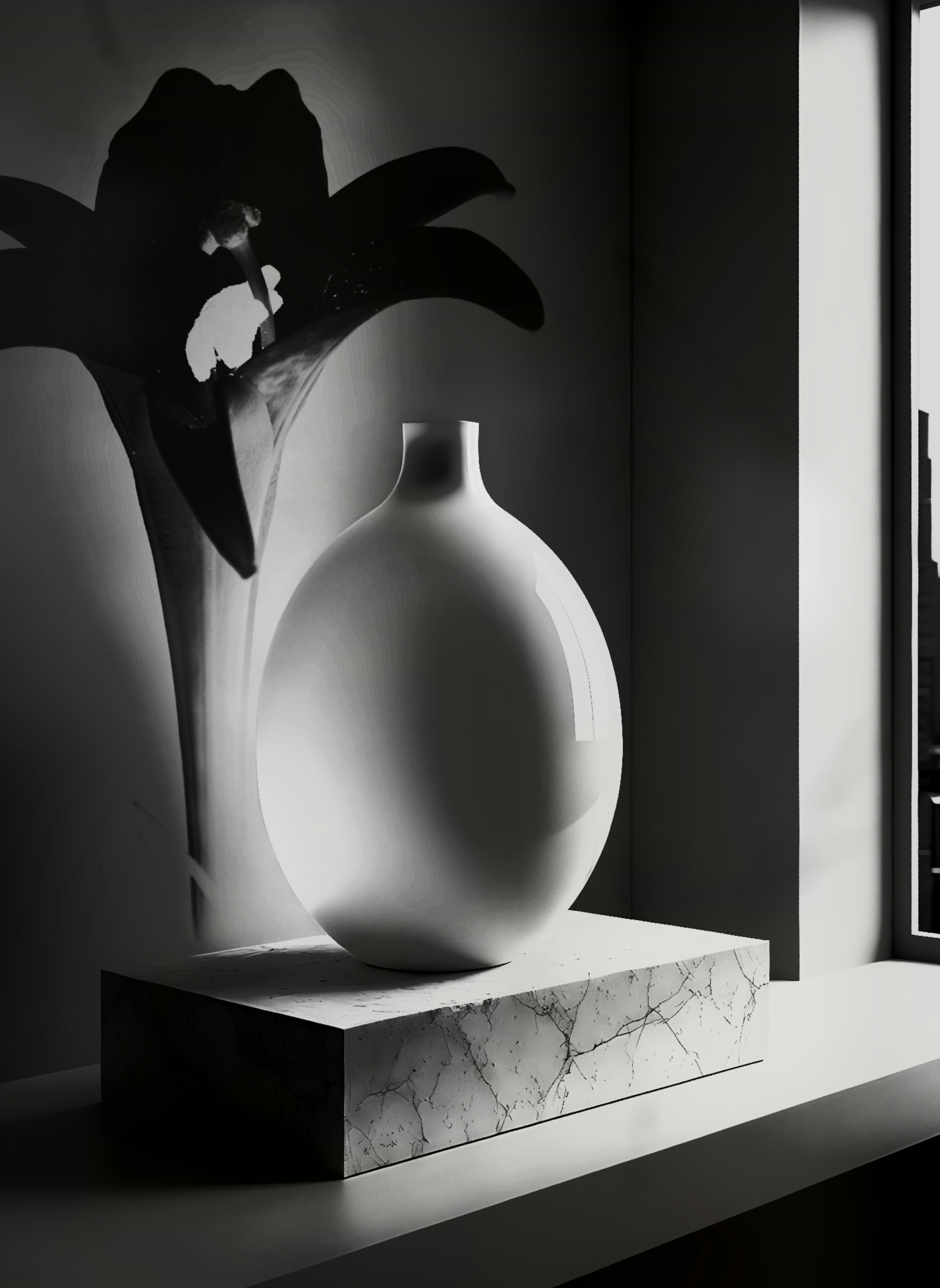 Vase en céramique blanche élégant avec une fleur noire dans un cadre minimaliste