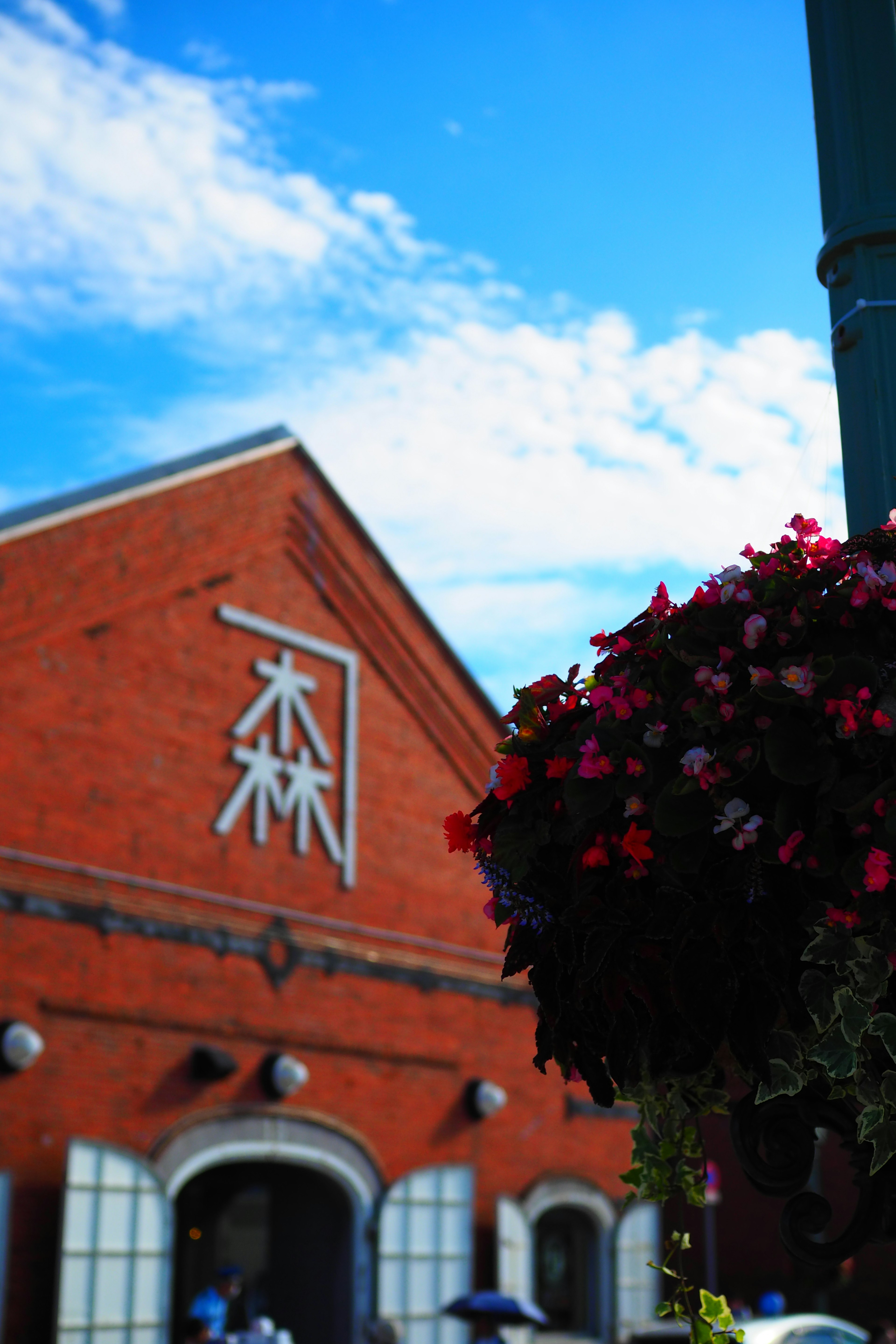 Bâtiment en briques avec des fleurs décoratives et un ciel bleu