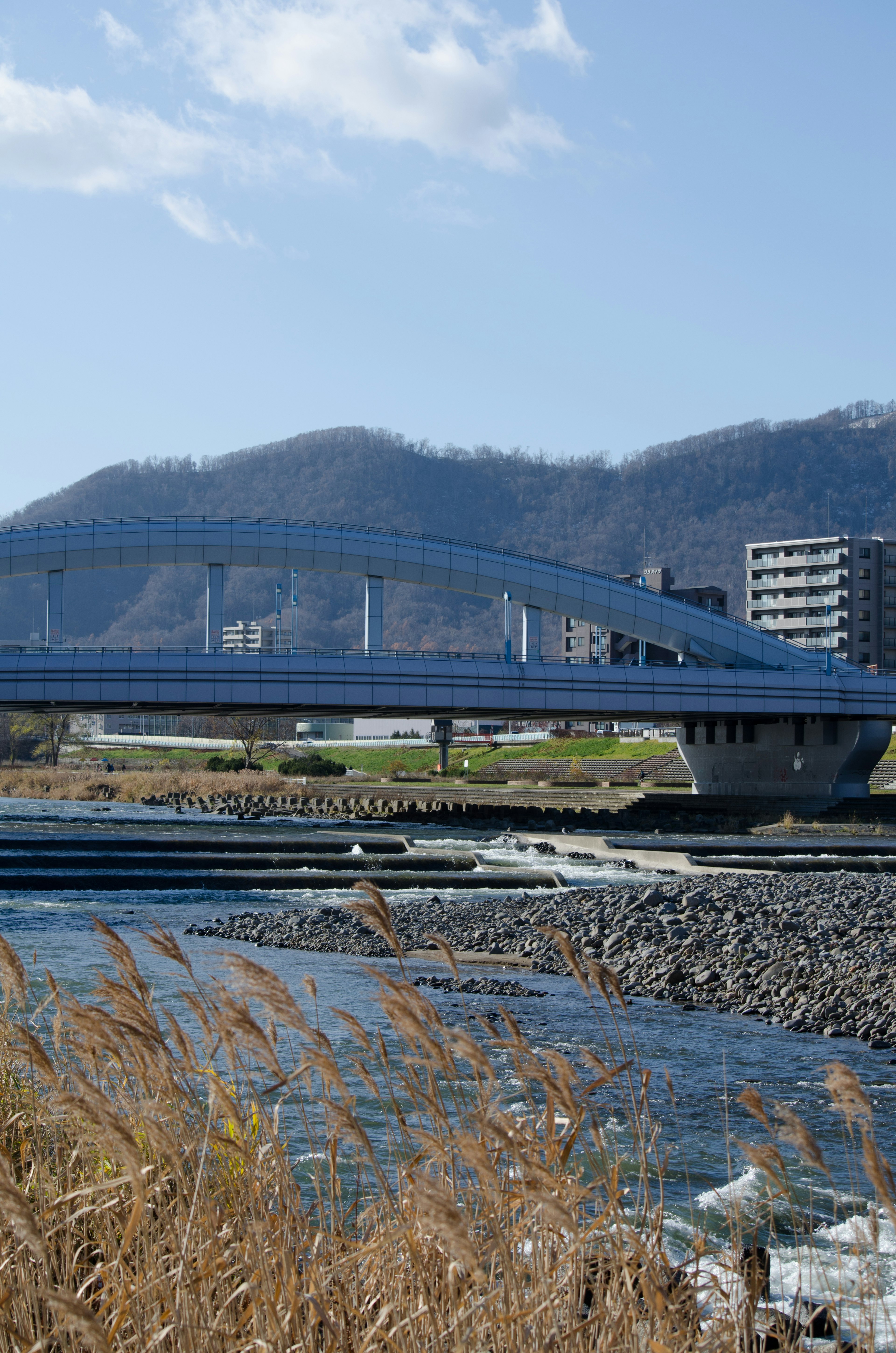 Puente de arco azul sobre un río con montañas y edificios al fondo