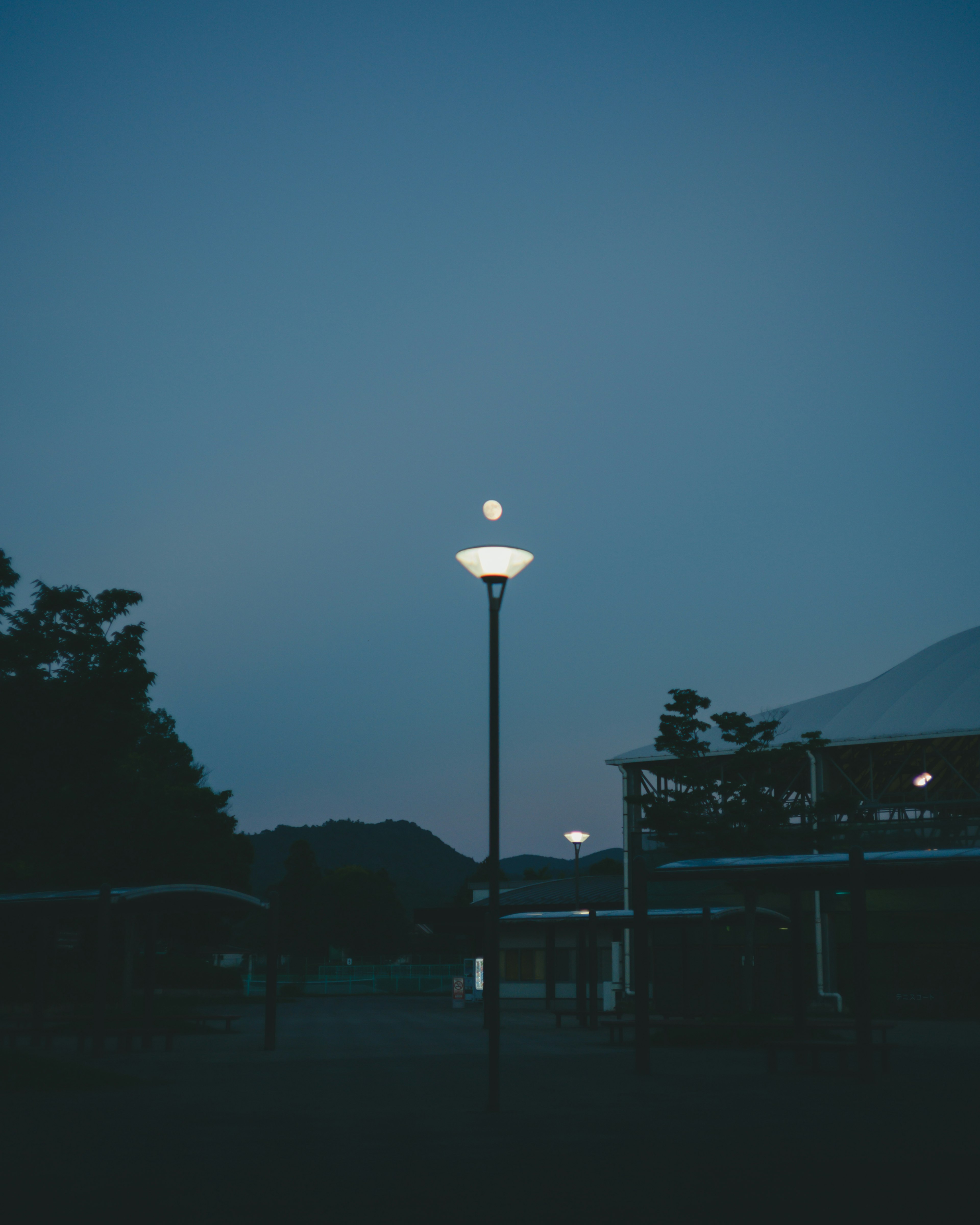 Lampione sotto un cielo blu con la luna sopra