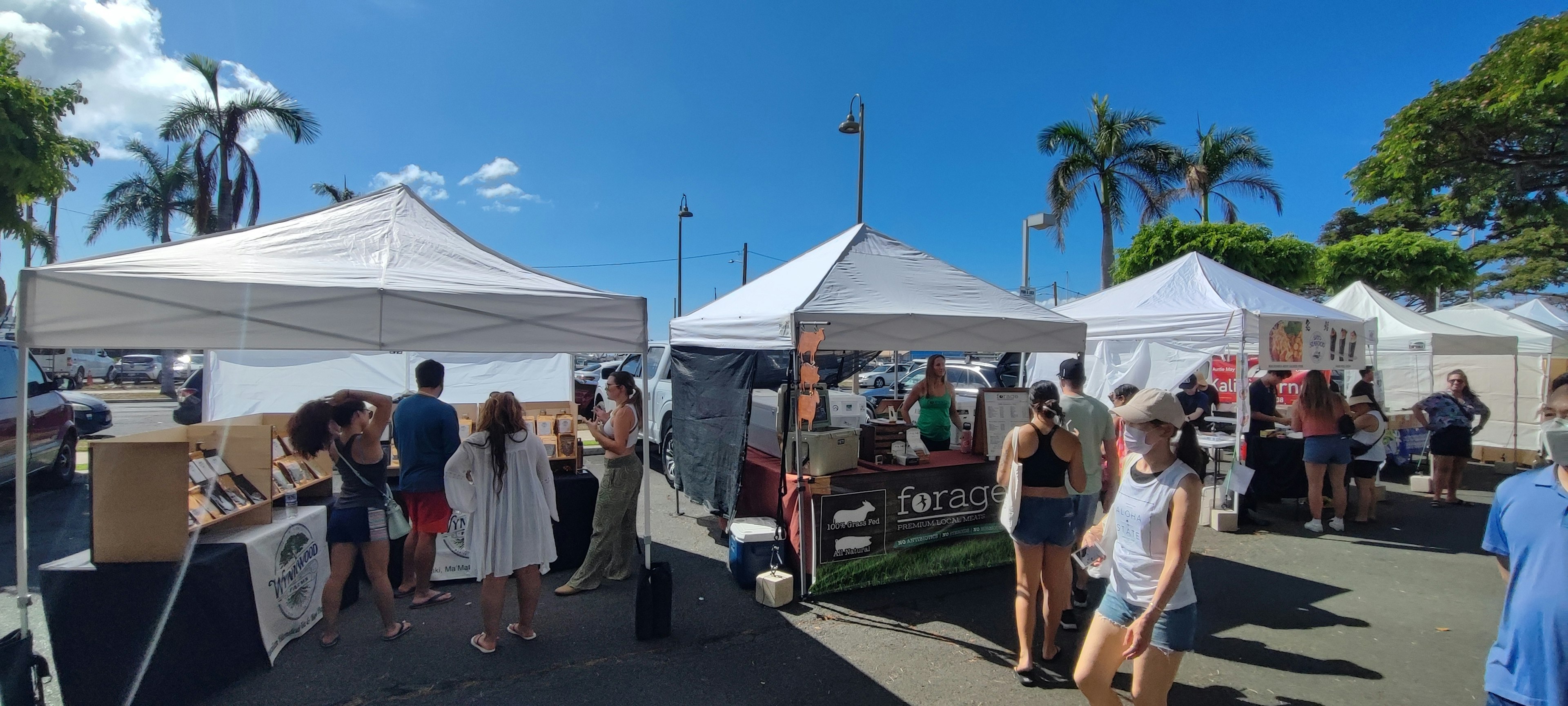 Scène de marché en plein air sous un ciel bleu avec des tentes et des gens regardant des articles