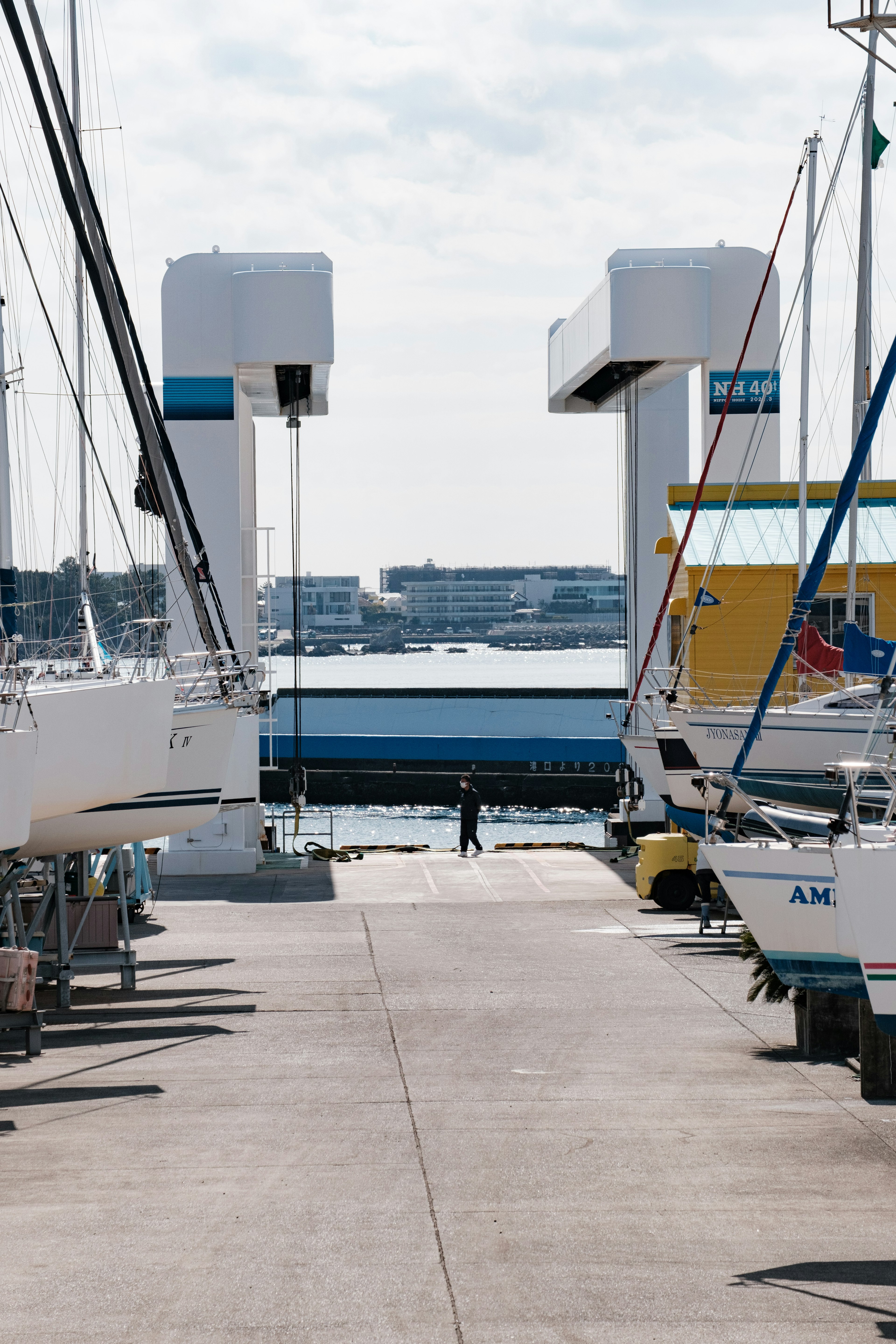 Vue du port avec des bateaux alignés le long du quai sous un ciel dégagé