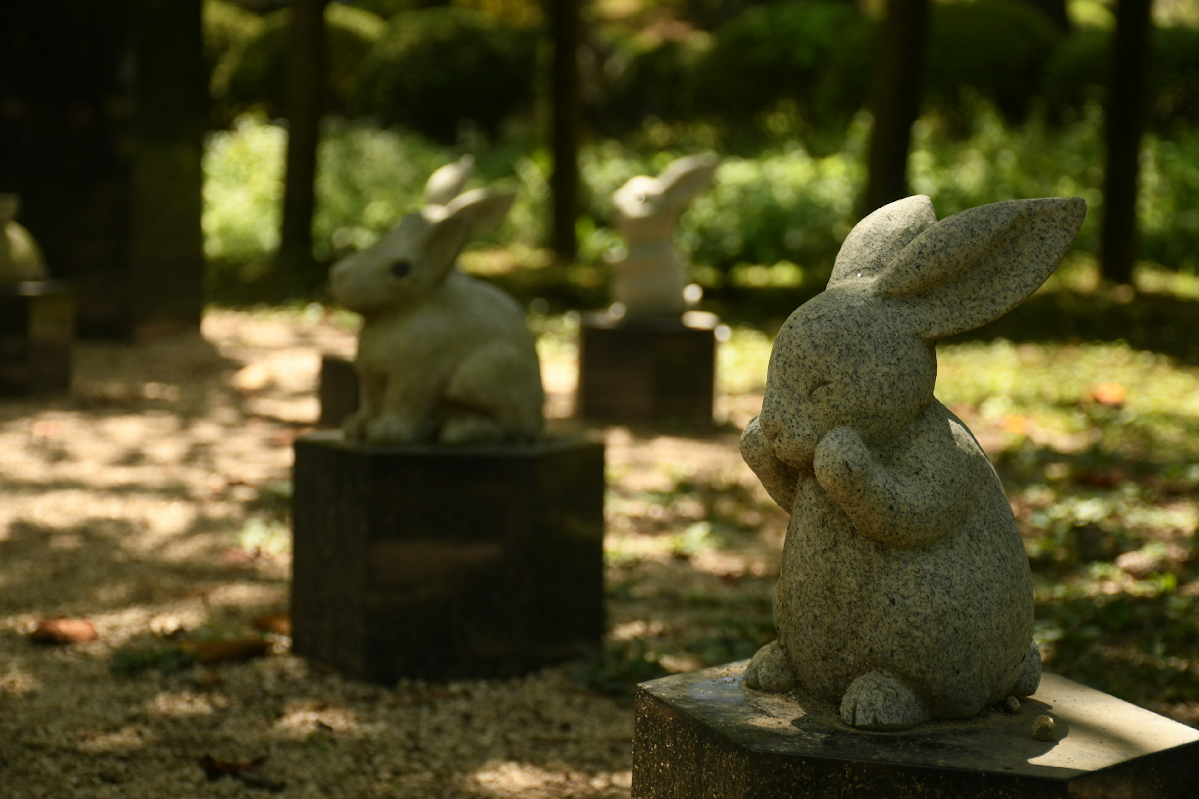 Sculture di conigli in pietra disposte in un giardino