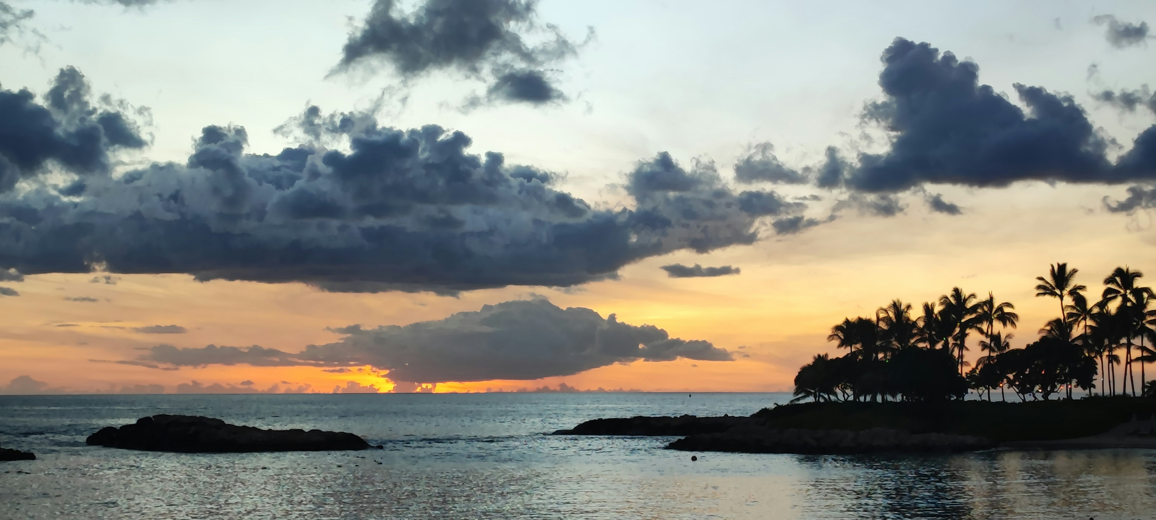 Escena costera al atardecer con palmeras en silueta