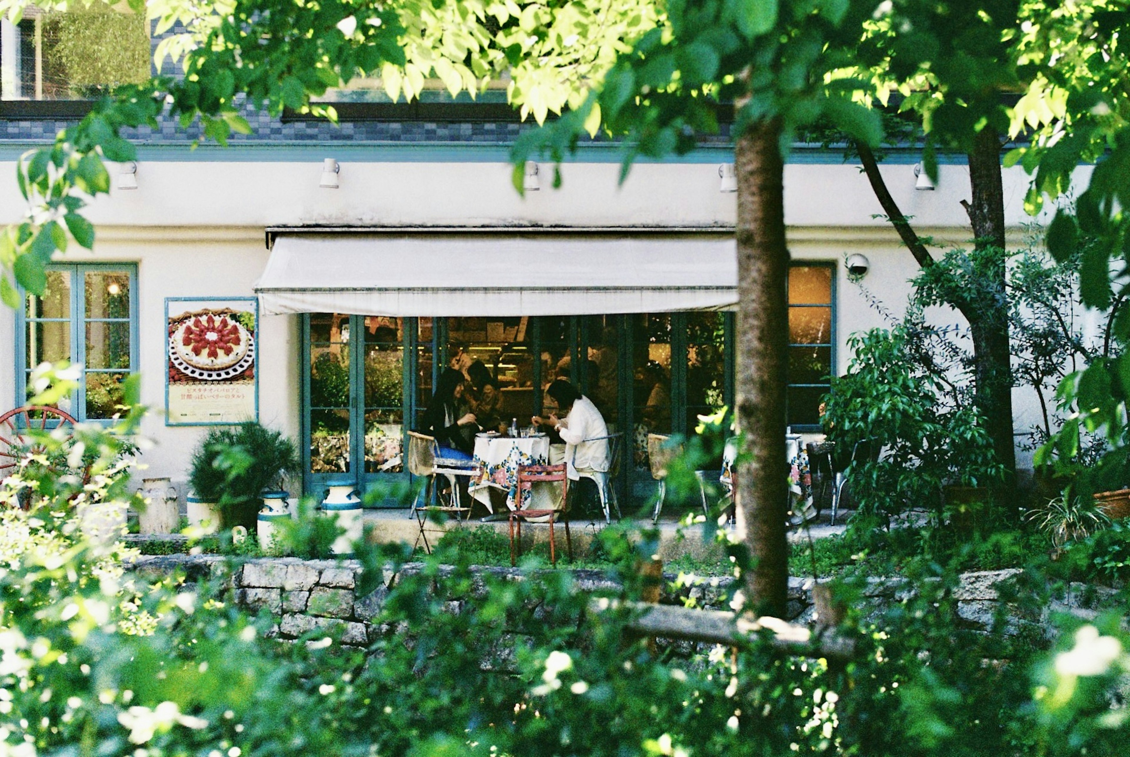 A cafe surrounded by greenery with a person working at a table