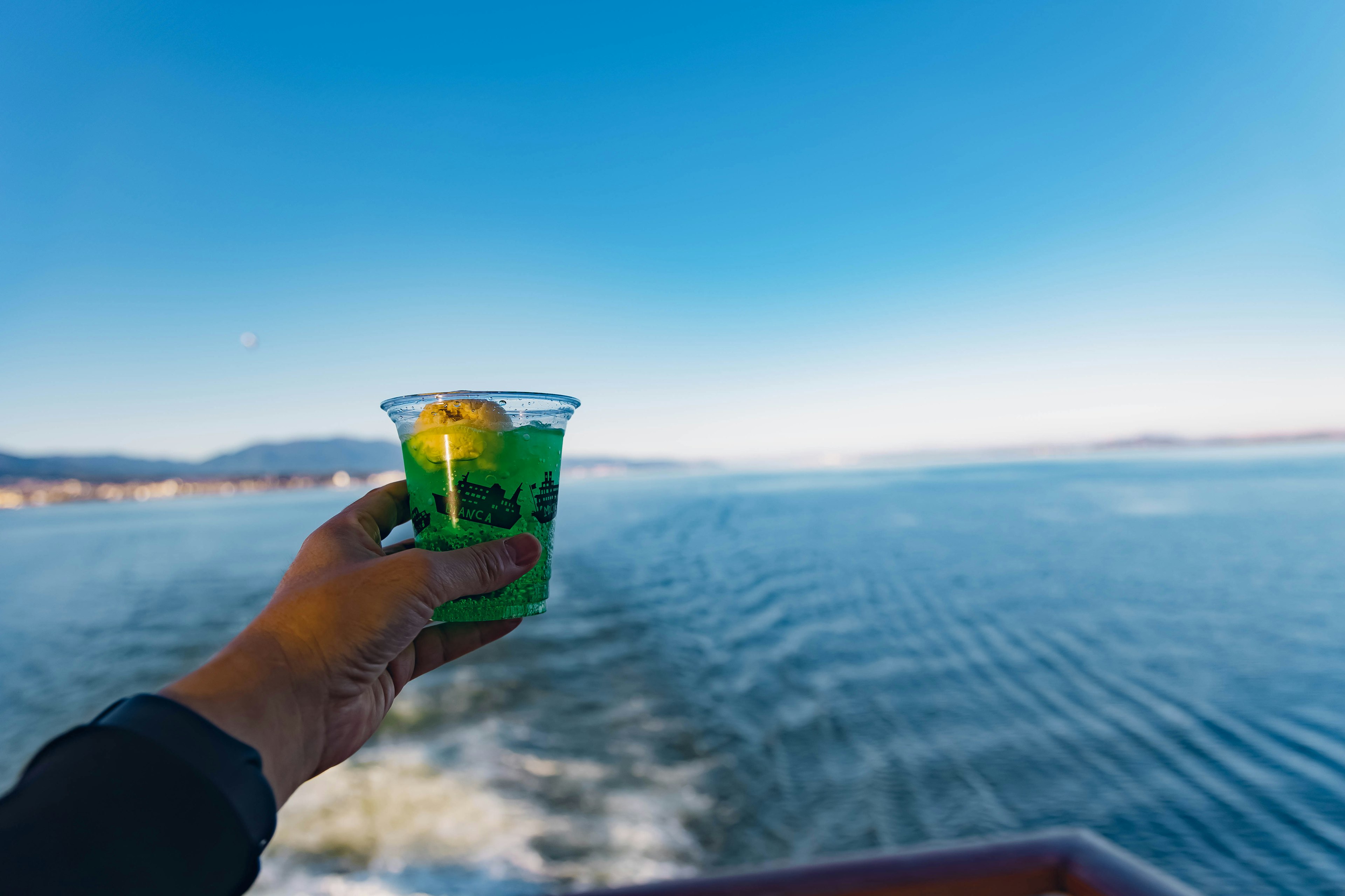 緑色の飲み物を持つ手と海の景色