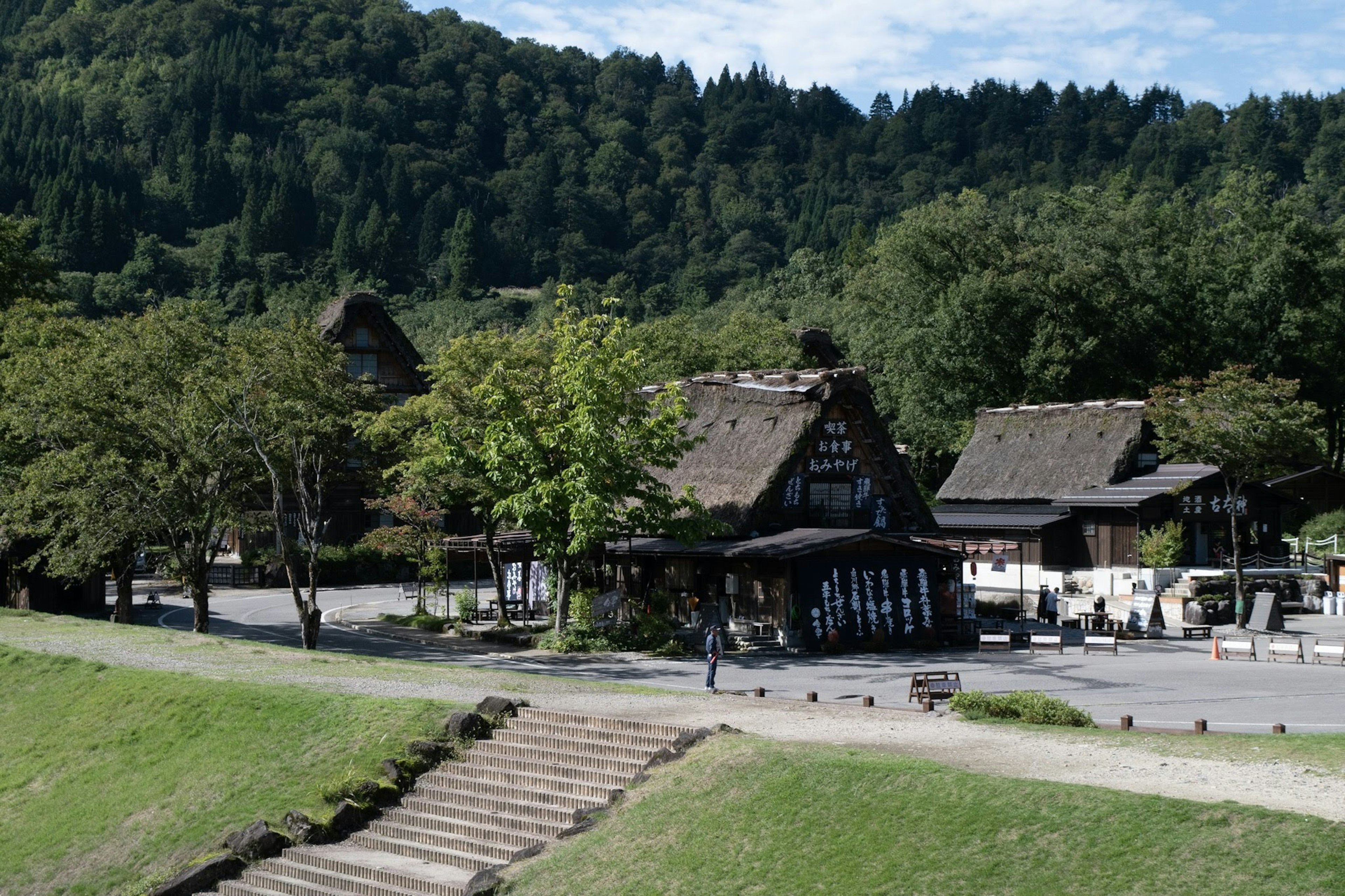 伝統的な茅葺き屋根の家が並ぶ風景と緑豊かな山々