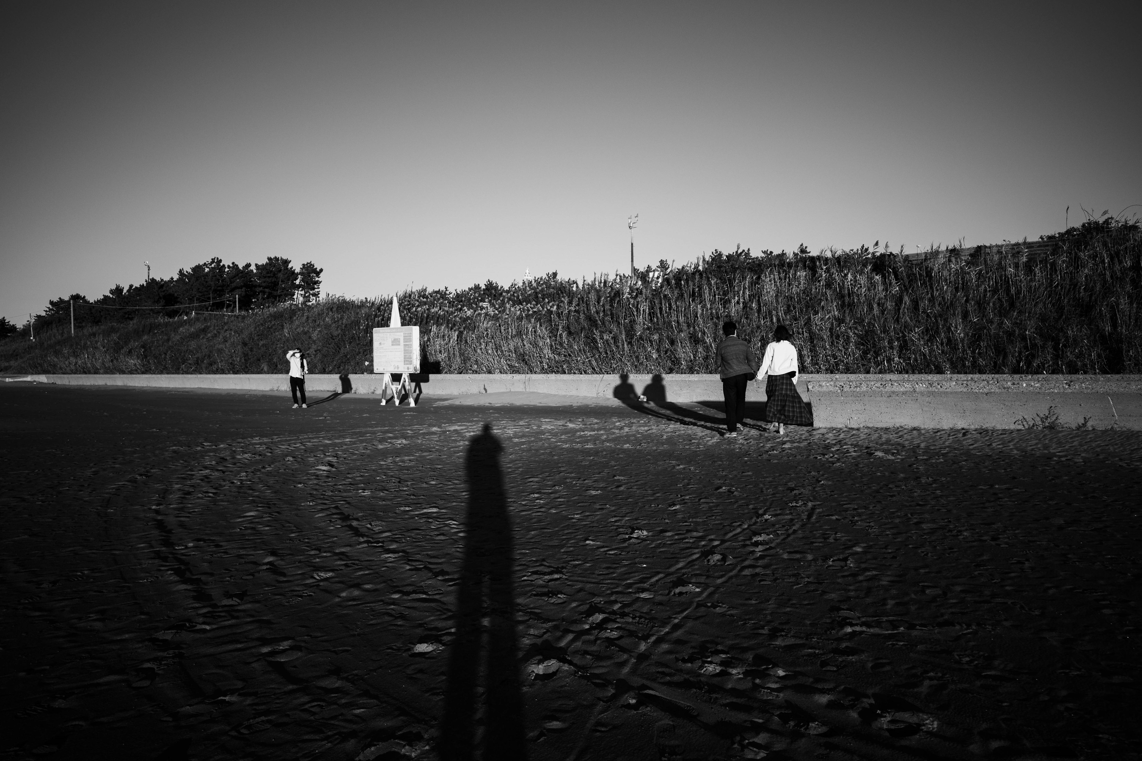 Siluetas de personas y sombras en un paisaje en blanco y negro