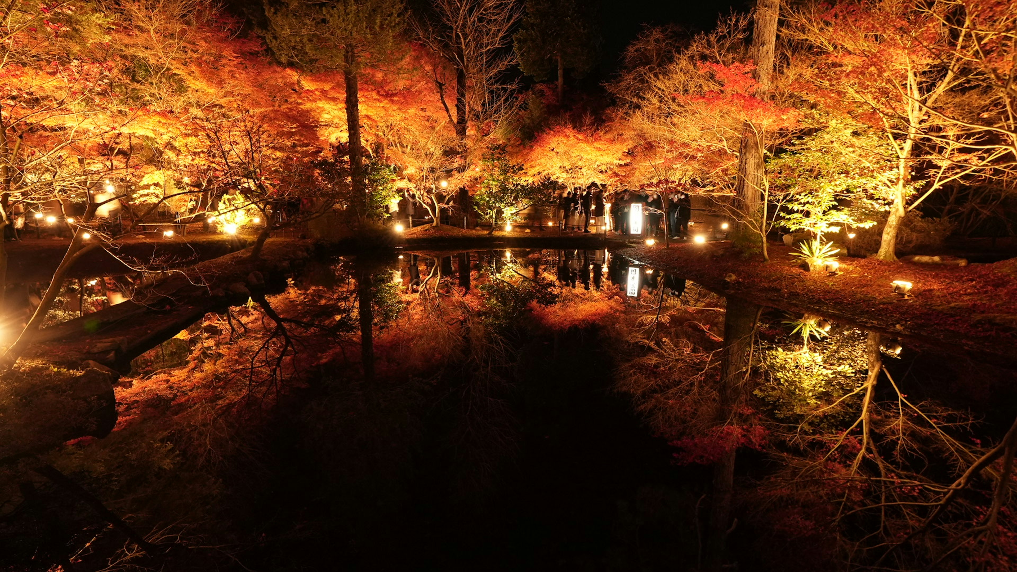 Escena nocturna de un estanque que refleja hermosas hojas de otoño con luces cálidas alrededor