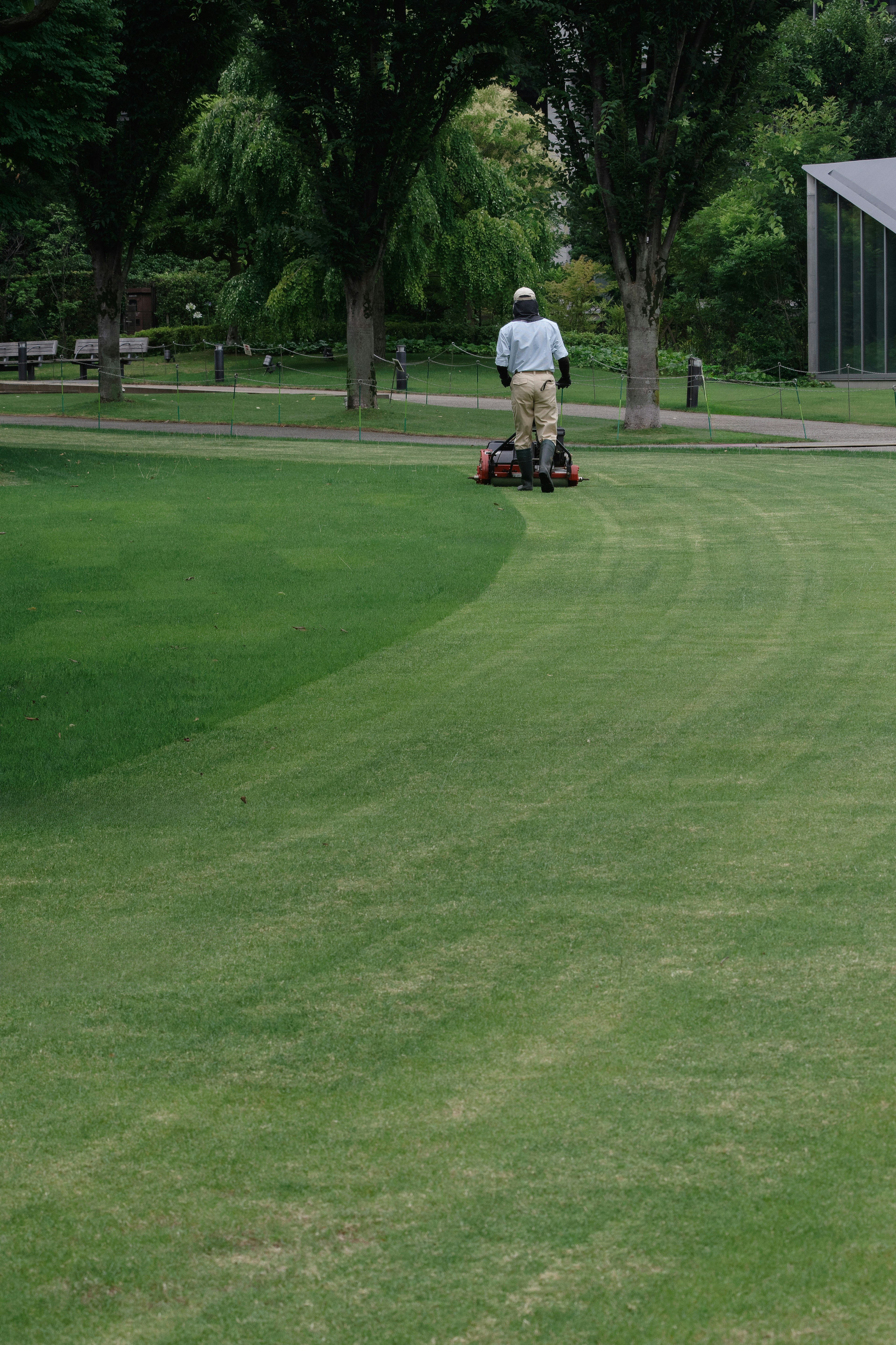 A worker mowing the grass in a park with neatly trimmed lawn