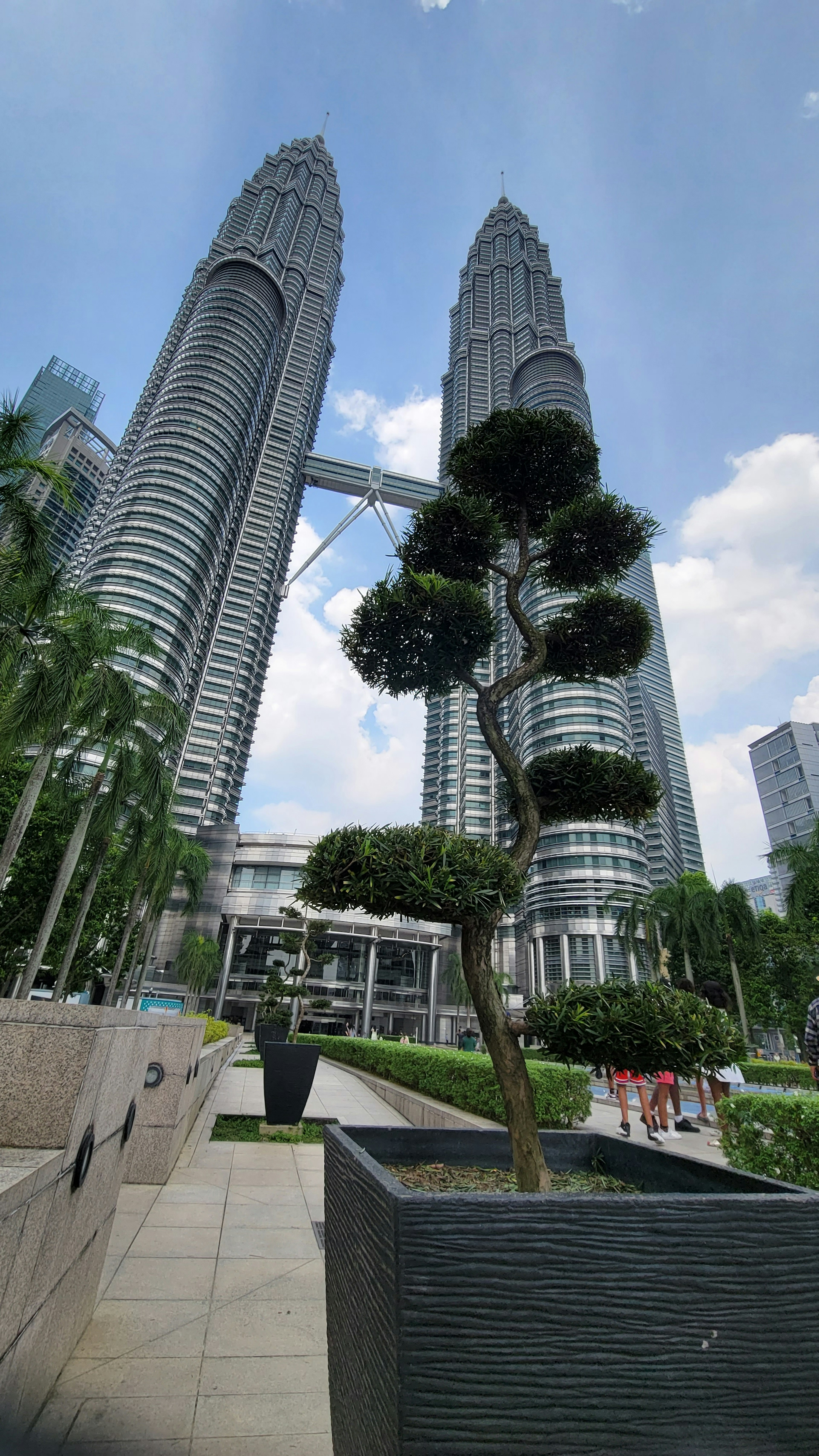 Pemandangan Menara Kembar Petronas dengan taman yang ditata dan pohon yang dipahat