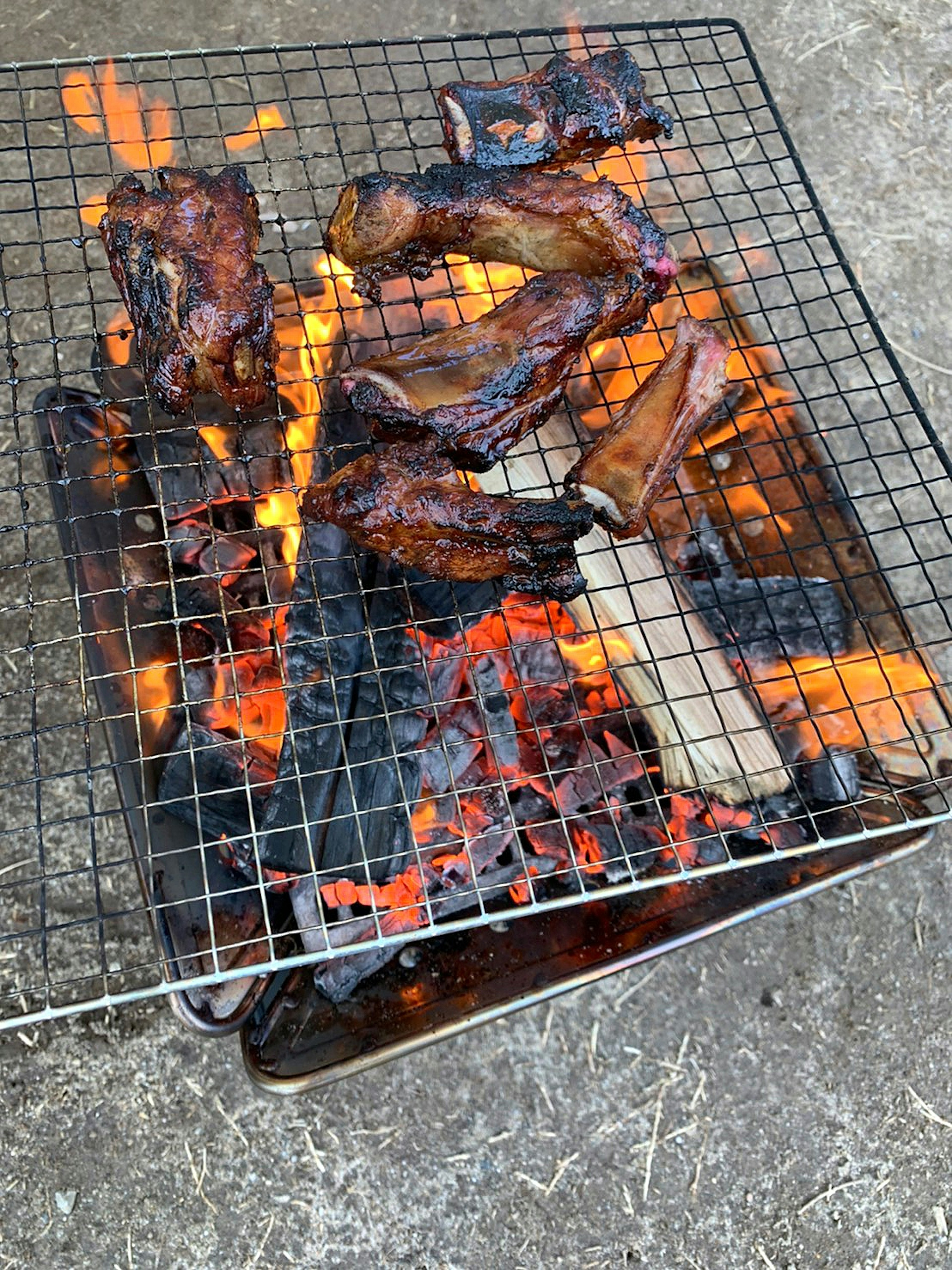 Morceaux de viande grillés sur des charbons ardents dans un barbecue