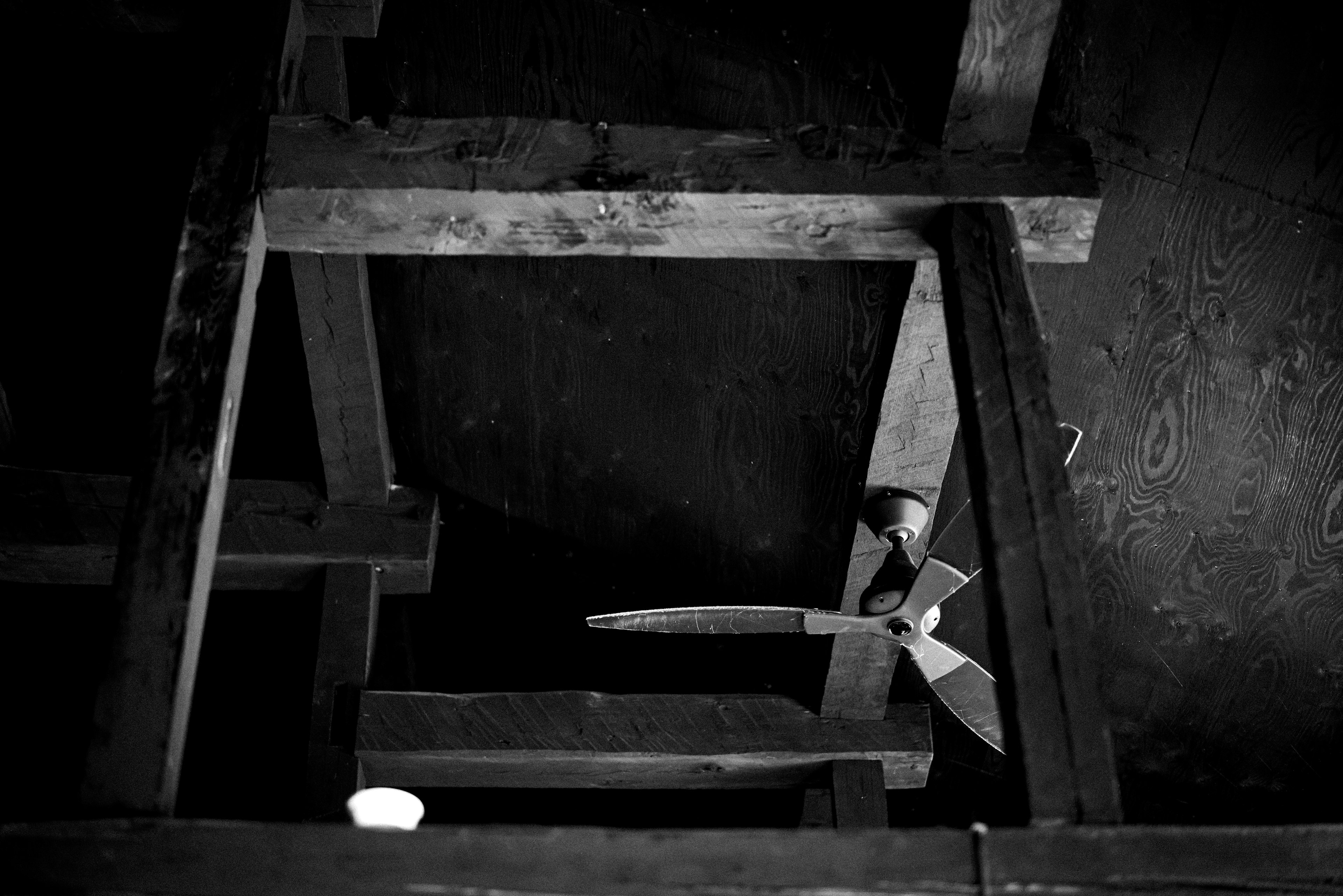 Image en noir et blanc avec une structure en bois et un moulin à vent