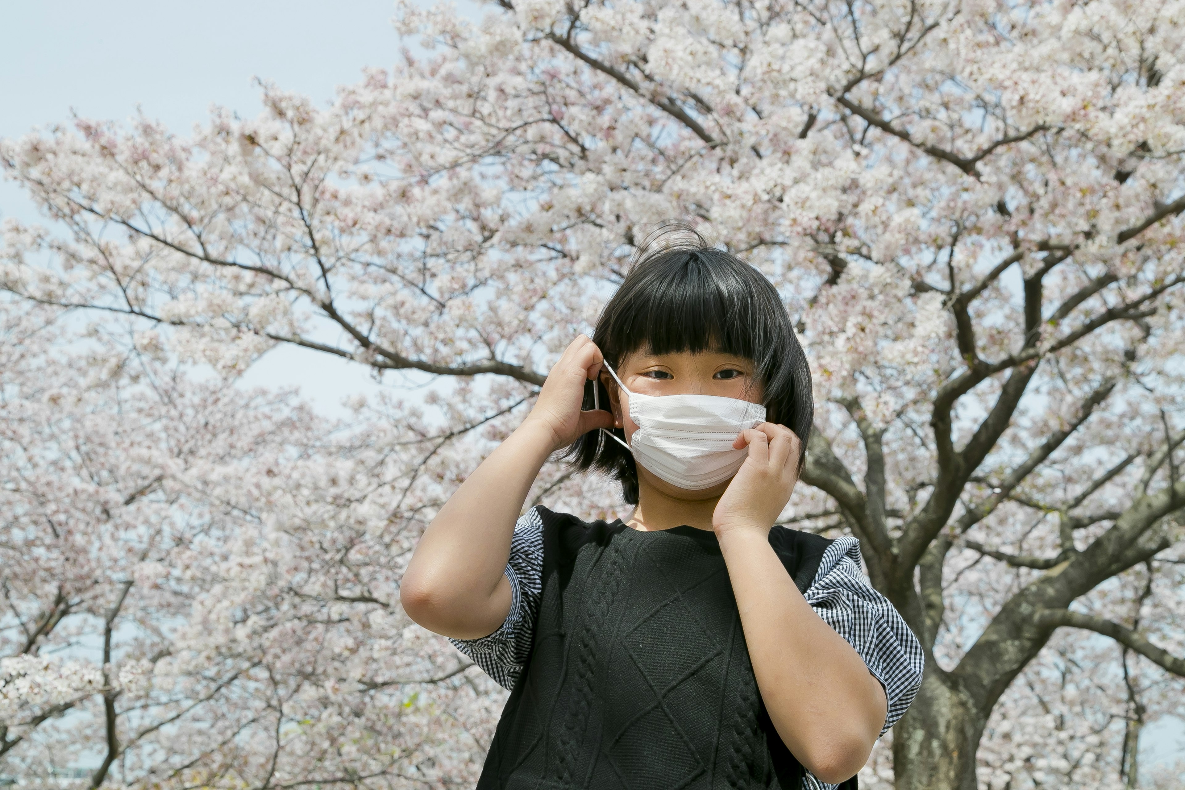 Ragazza con una maschera sotto gli alberi di ciliegio in fiore