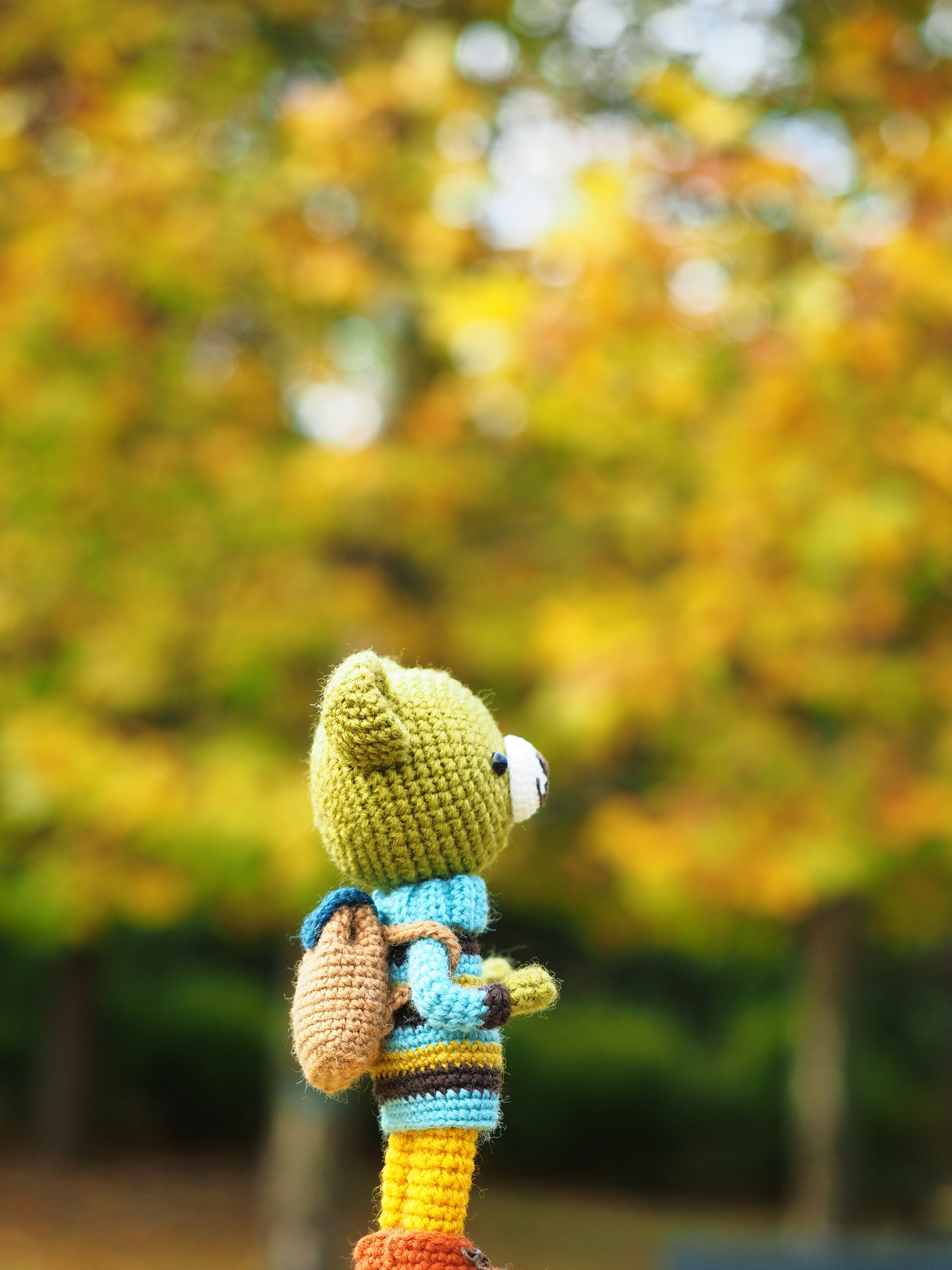 Cute crocheted bear standing against an autumn background