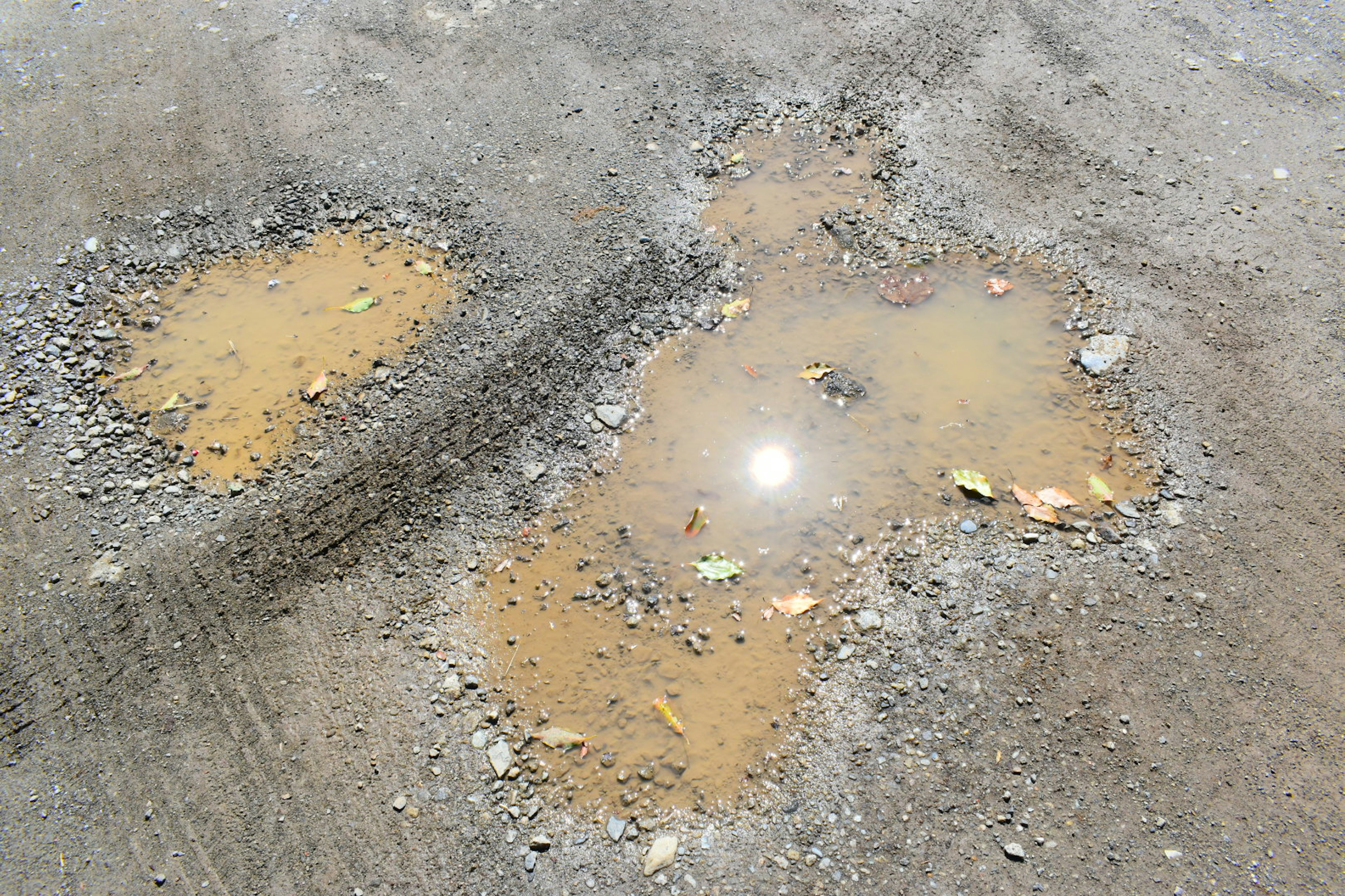 Wasserpfützen und verstreute Steine auf einer Straßenoberfläche