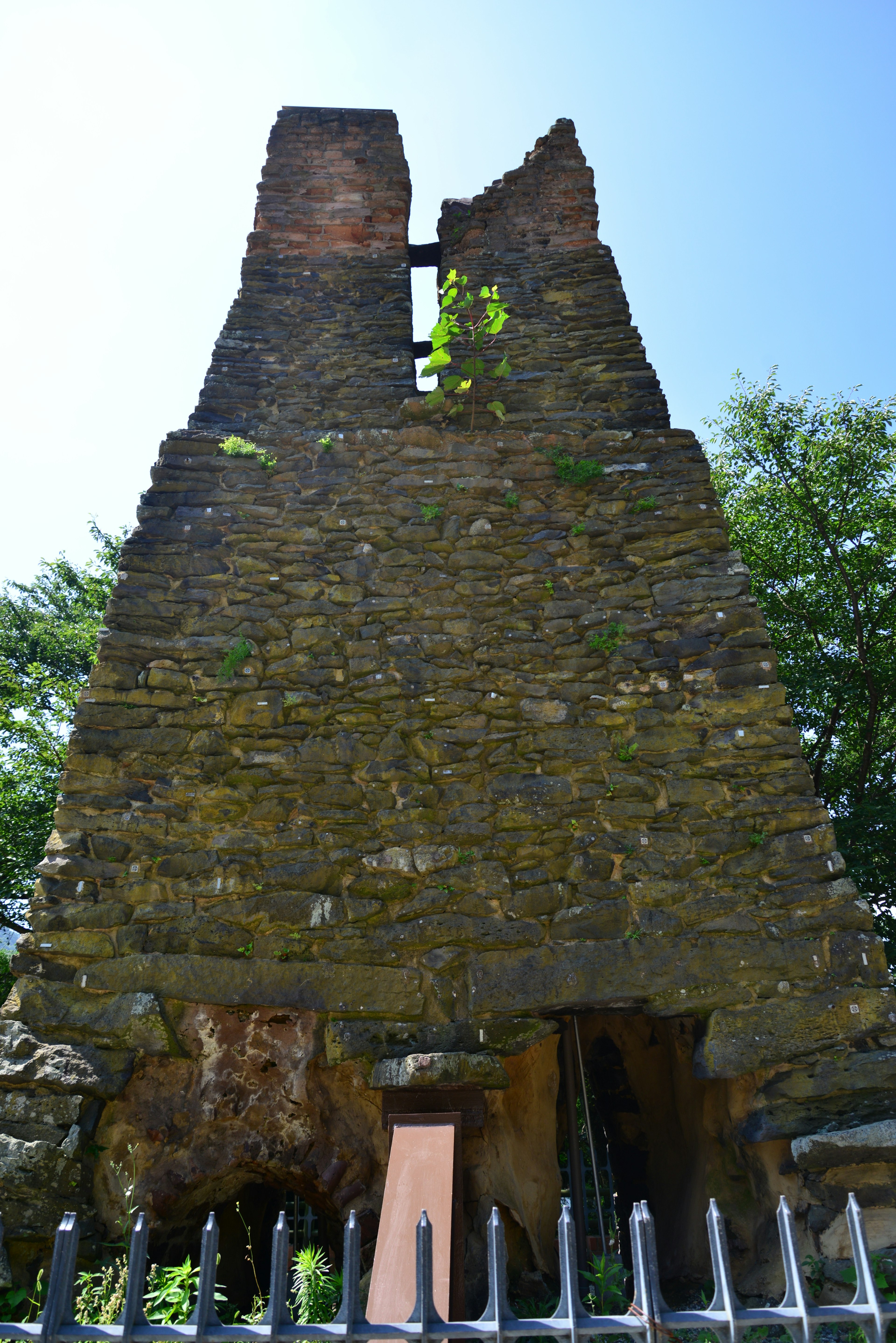 Rovine di una vecchia torre di pietra circondata da vegetazione sotto un cielo blu