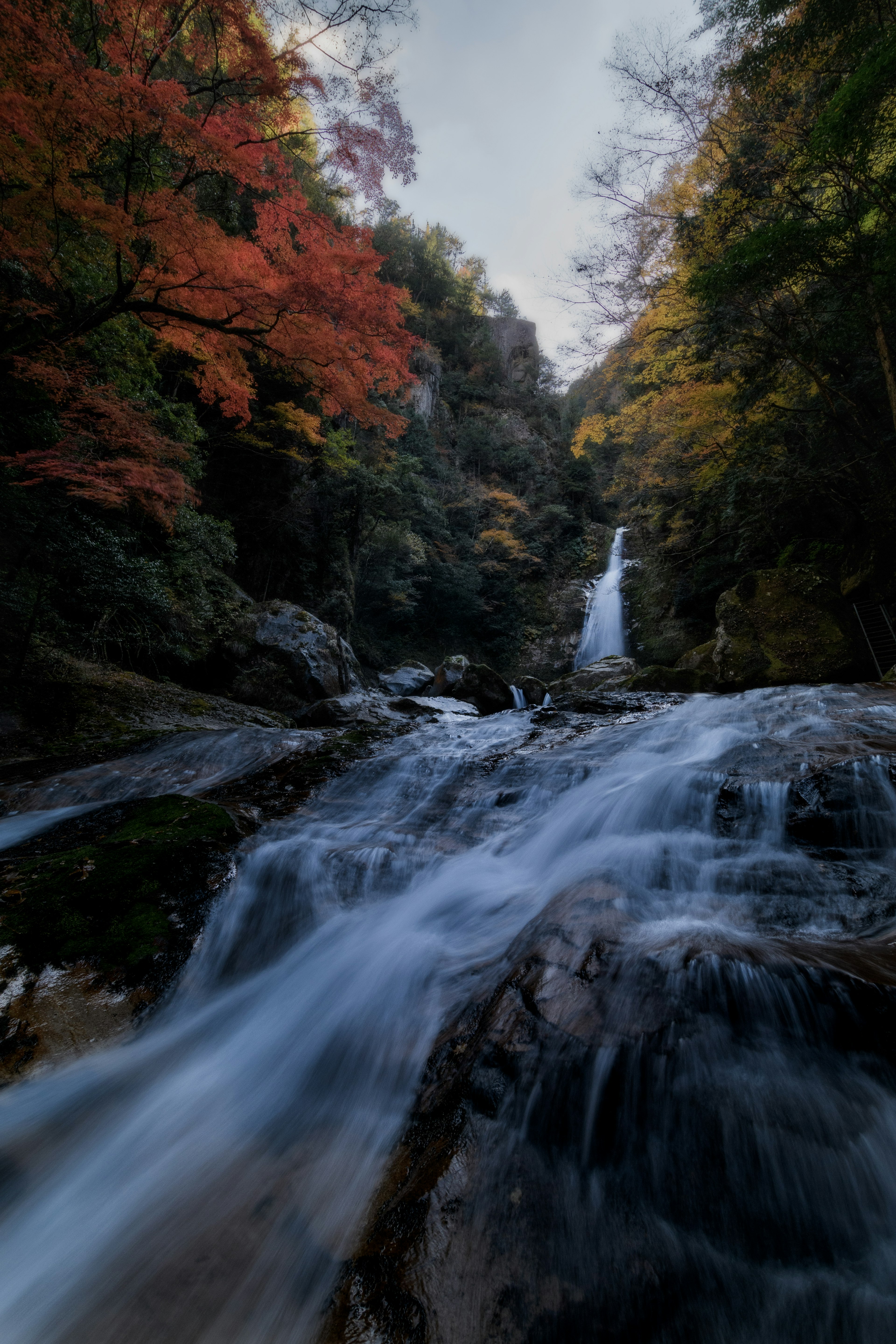 Vista escénica de cascadas y follaje otoñal en una zona montañosa