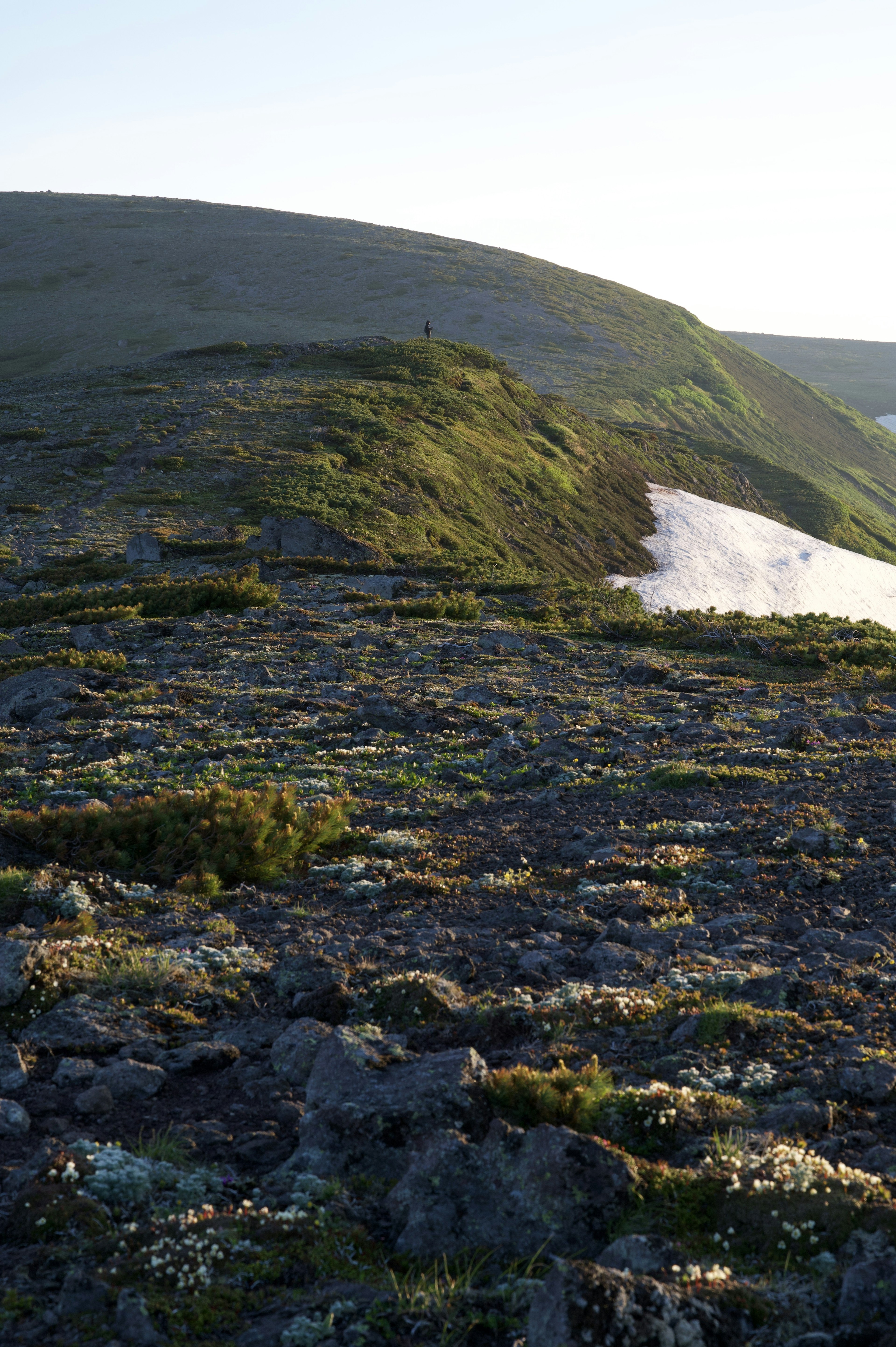 Green hills and rocky landscape with melting snow