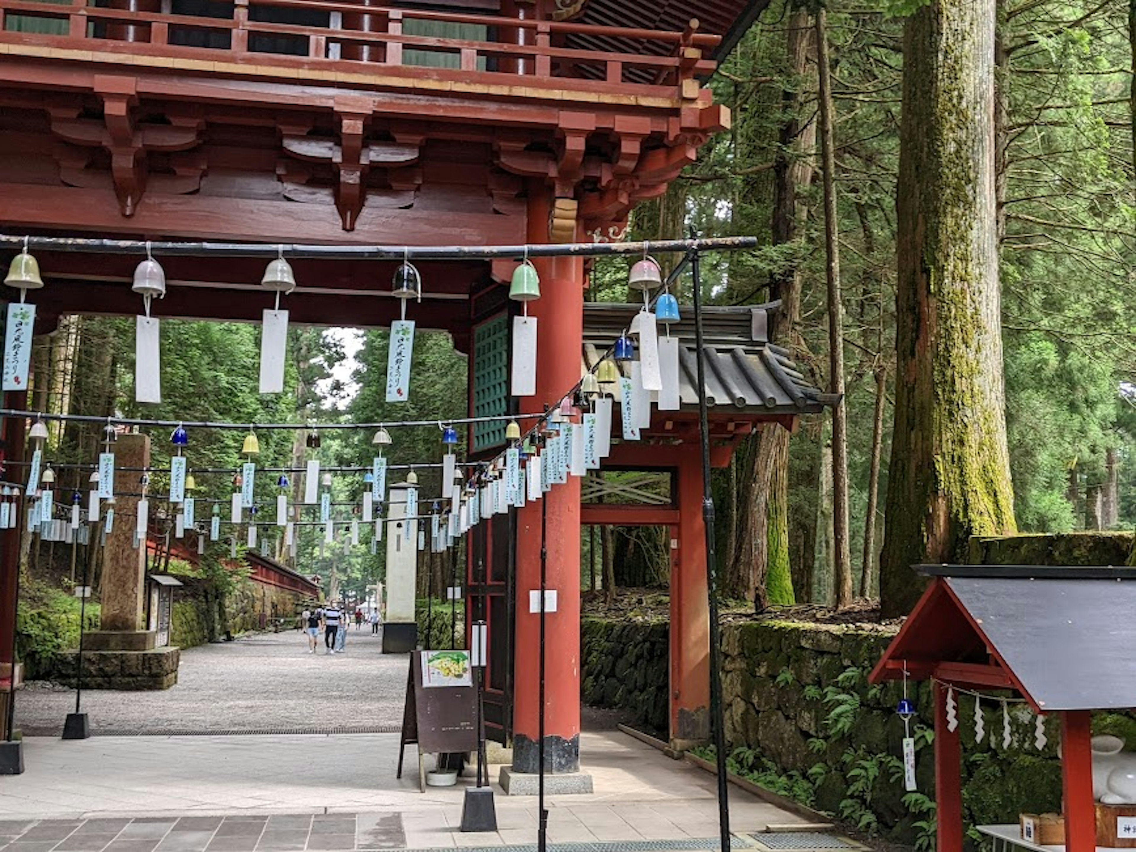 A serene view of a red gate with wind chimes in a forest