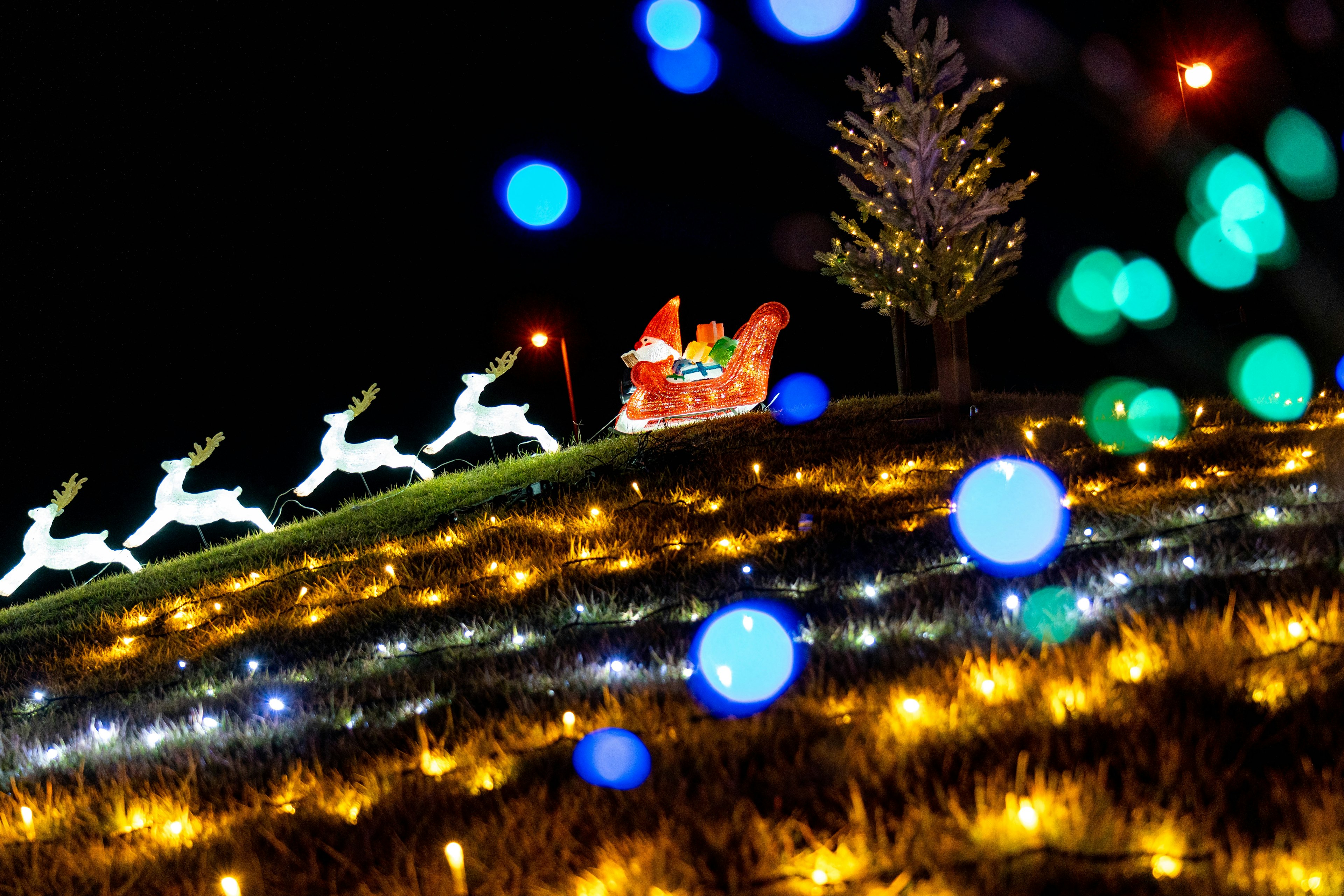 Escena navideña nocturna con el trineo de Santa y renos iluminados con luces de colores