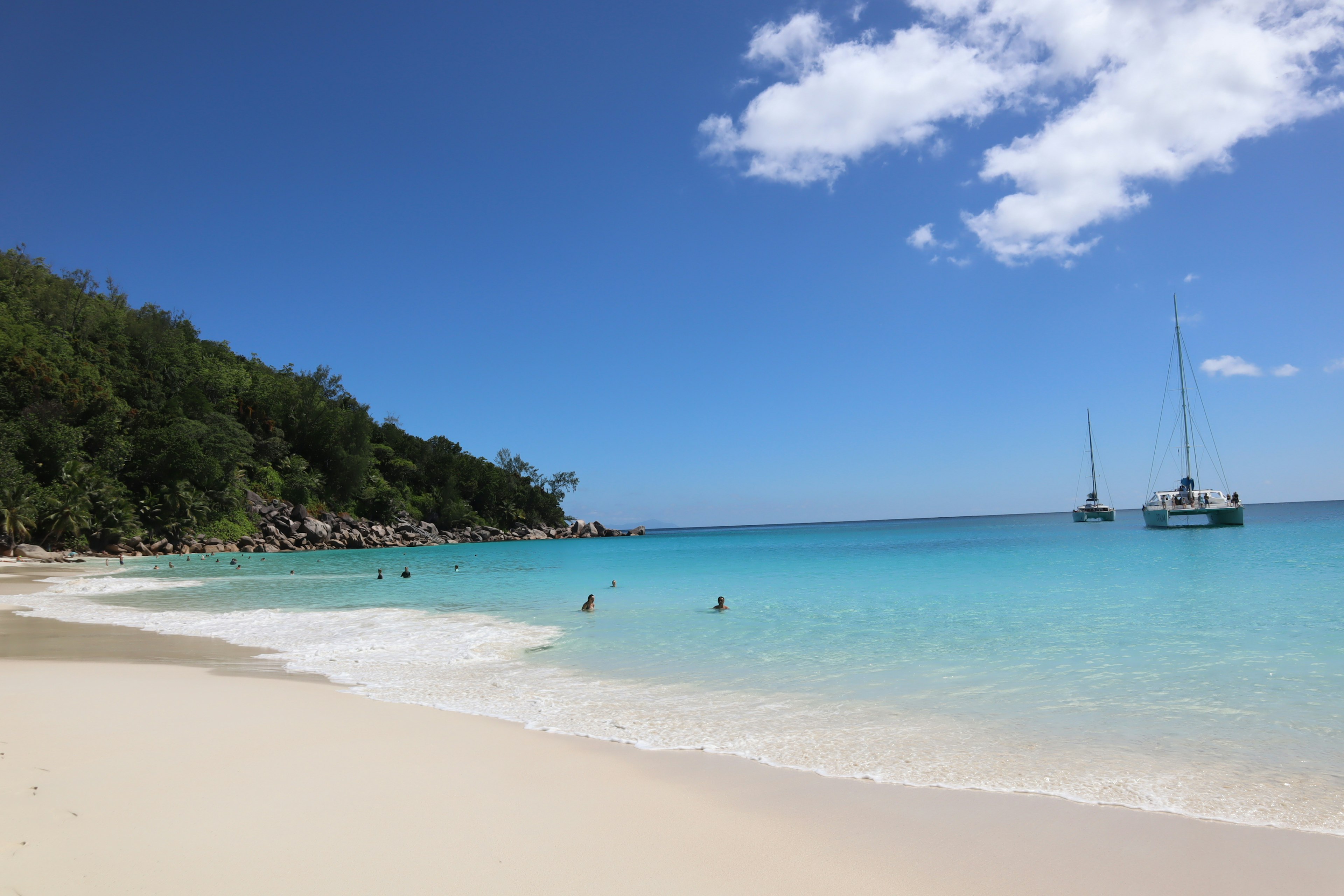 Scène de plage magnifique avec eau bleue et sable blanc arbres verts et bateaux au loin