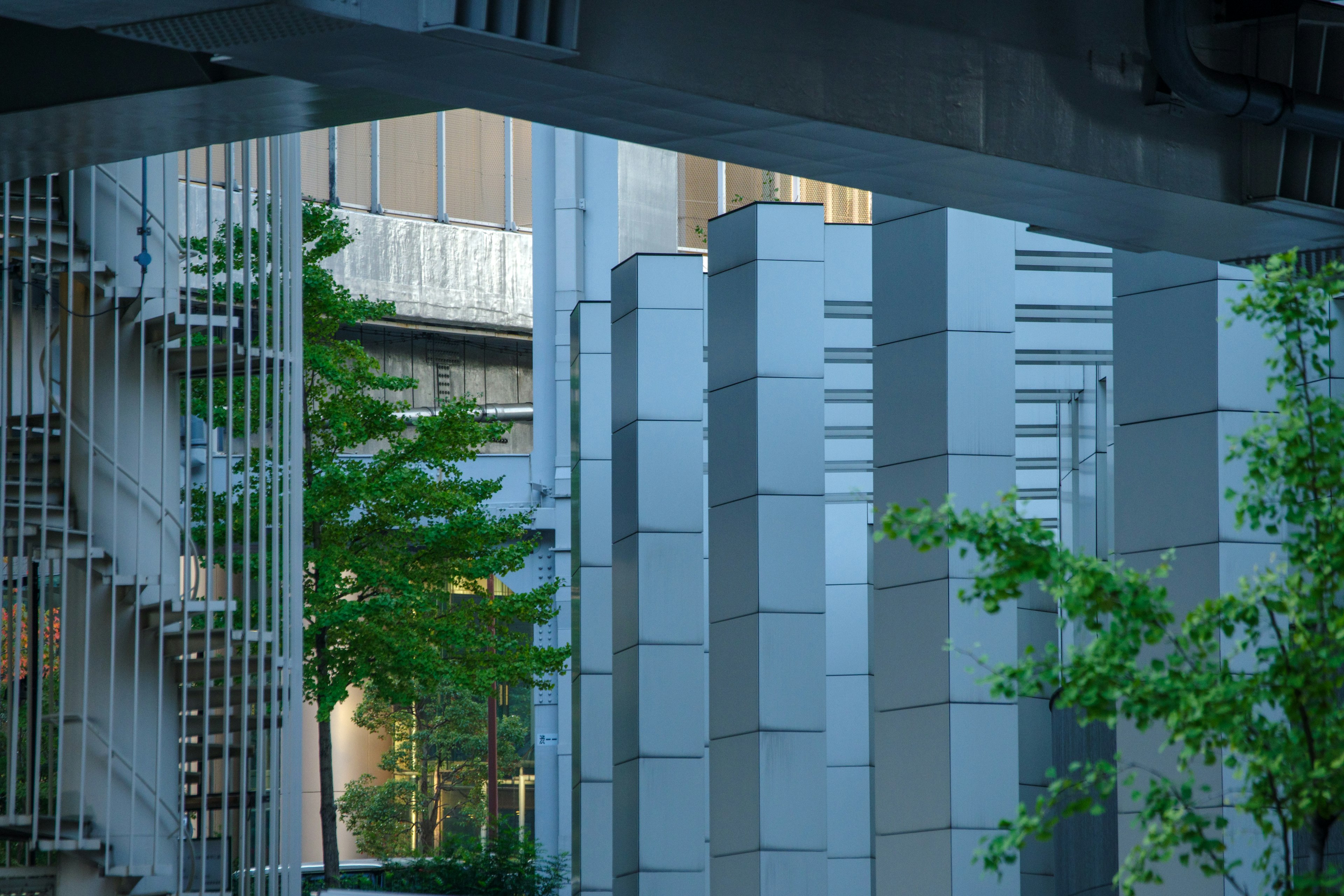 Paisaje urbano con columnas de edificio moderno y árboles verdes