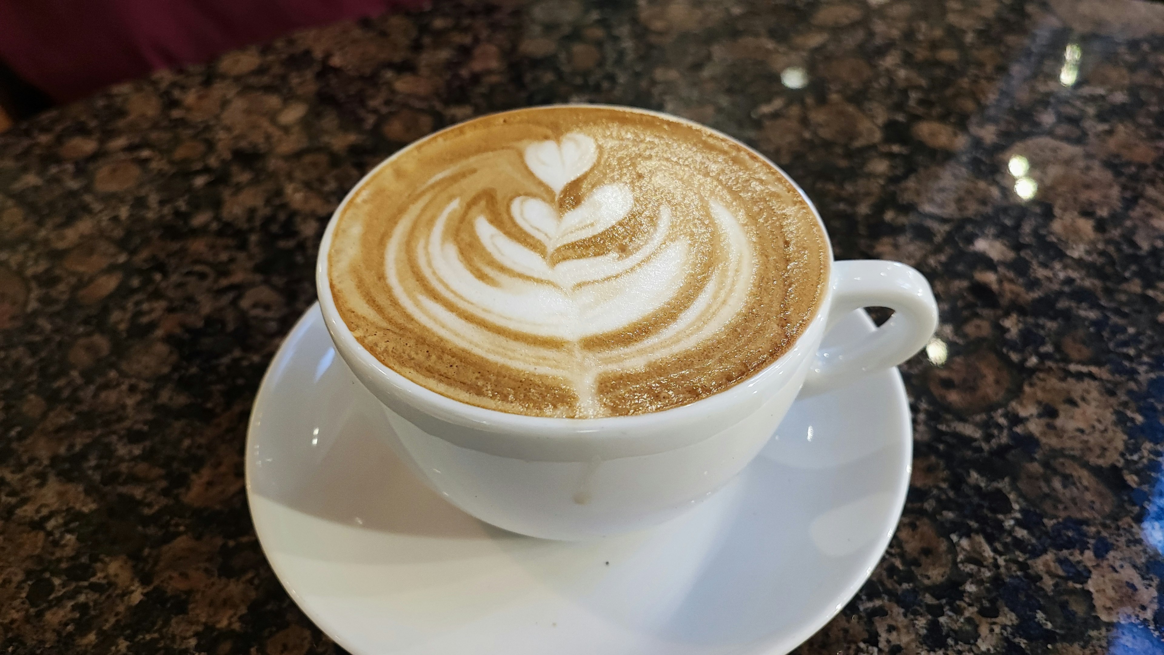 A cup of latte with intricate latte art on a white saucer