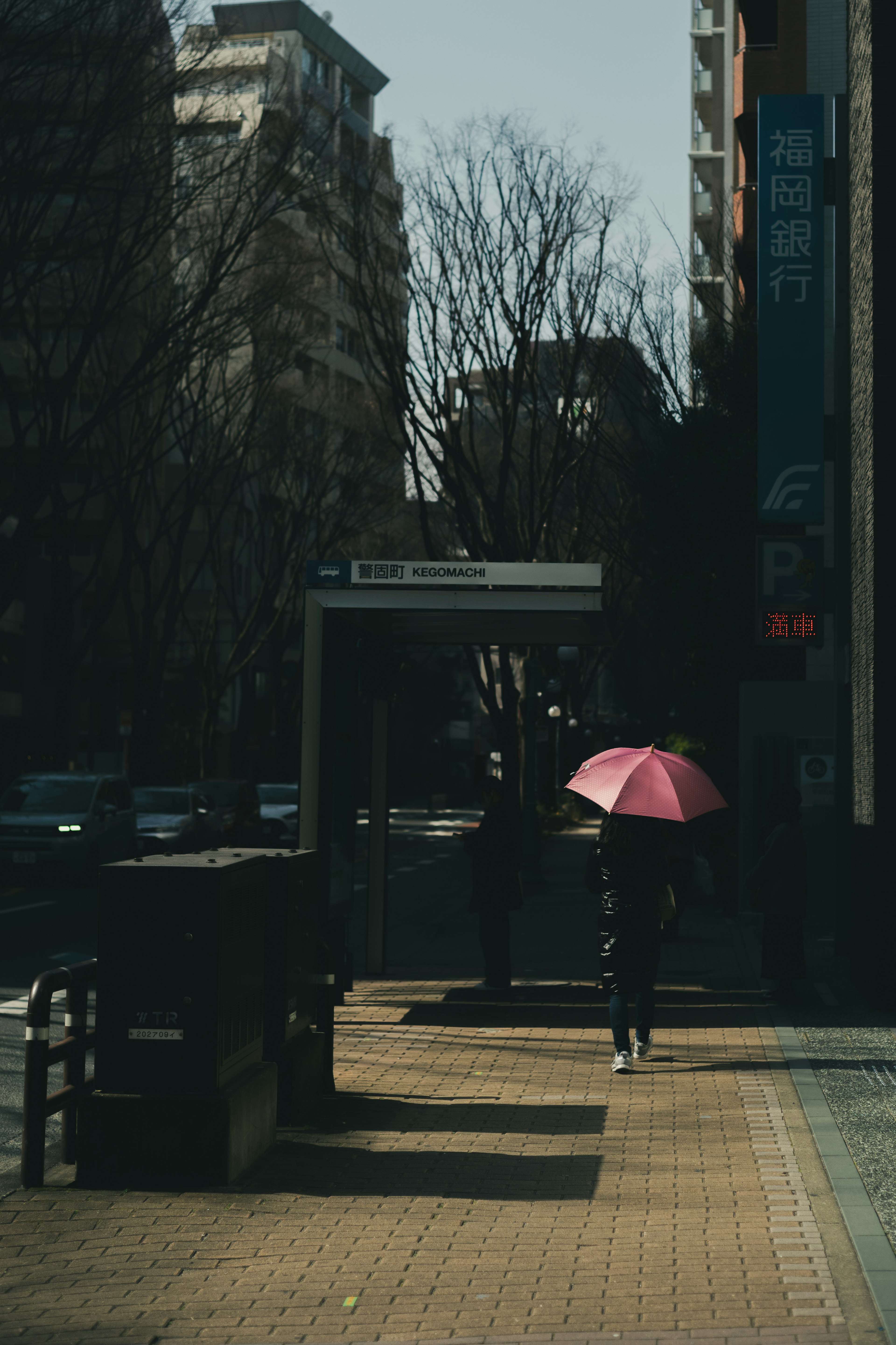 Person walking with a pink umbrella on a dimly lit street