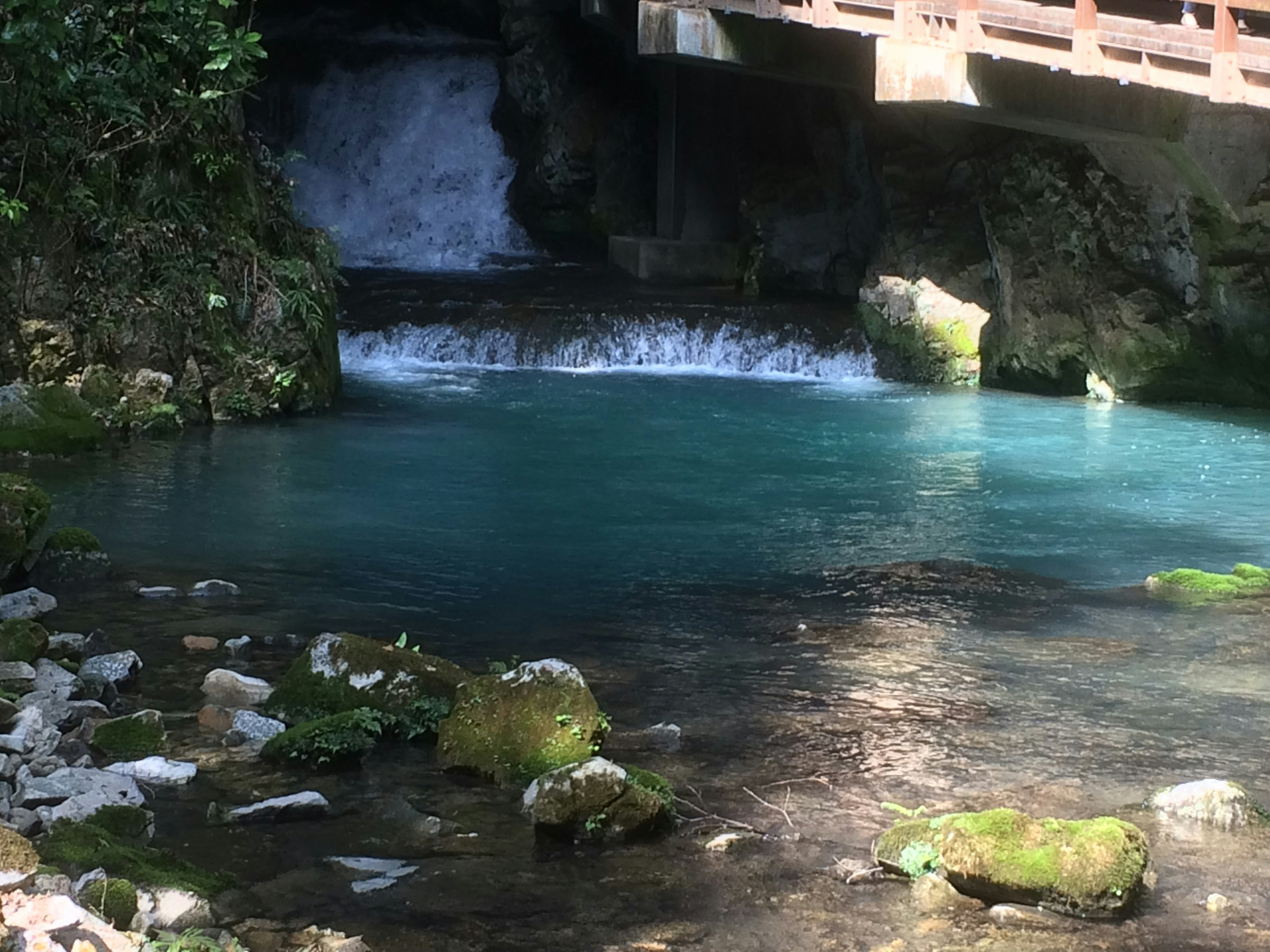 青い水が流れる滝のある自然の景観 橋が上に架かっている