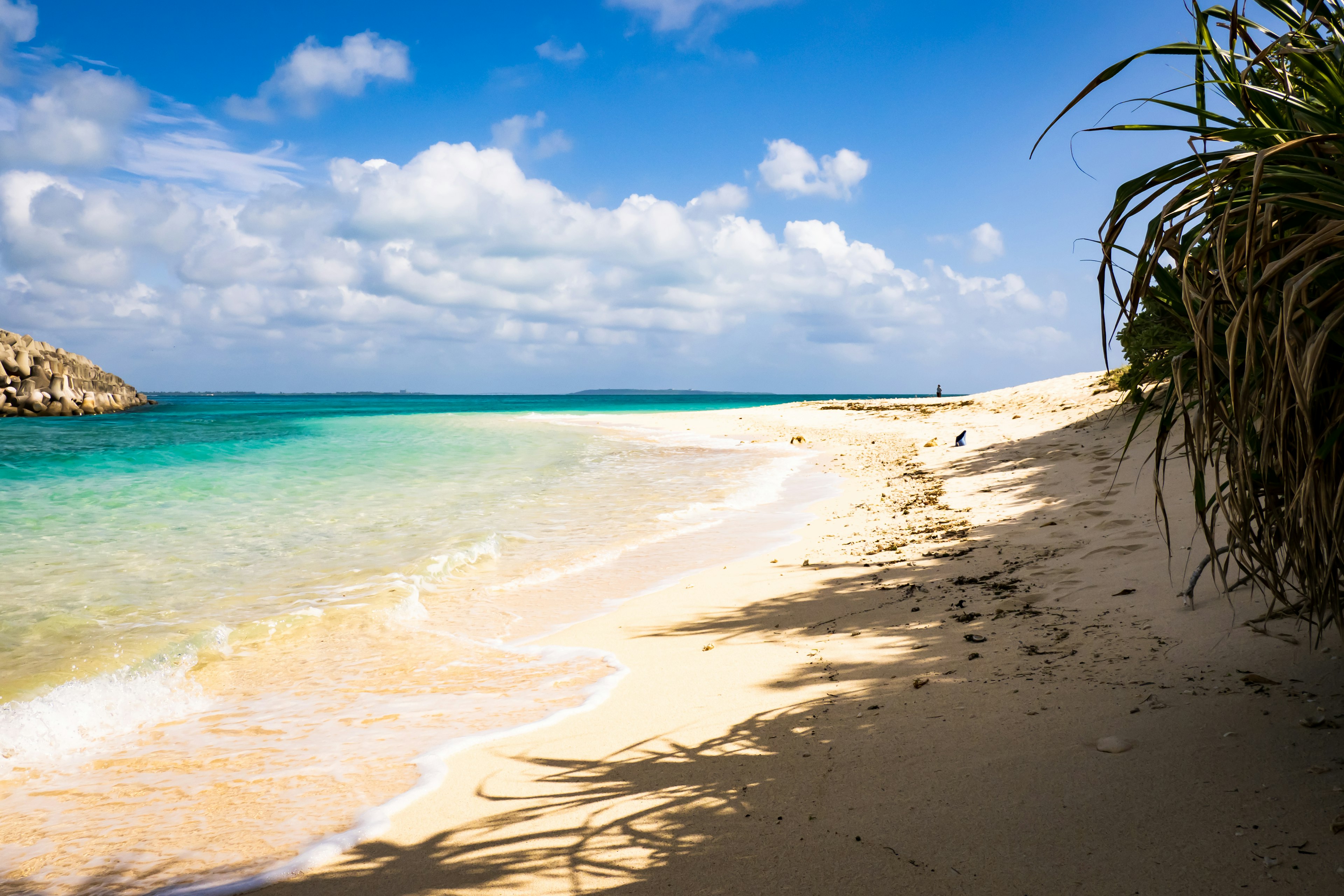 Vista panoramica di una spiaggia con acqua turchese e spiaggia sabbiosa