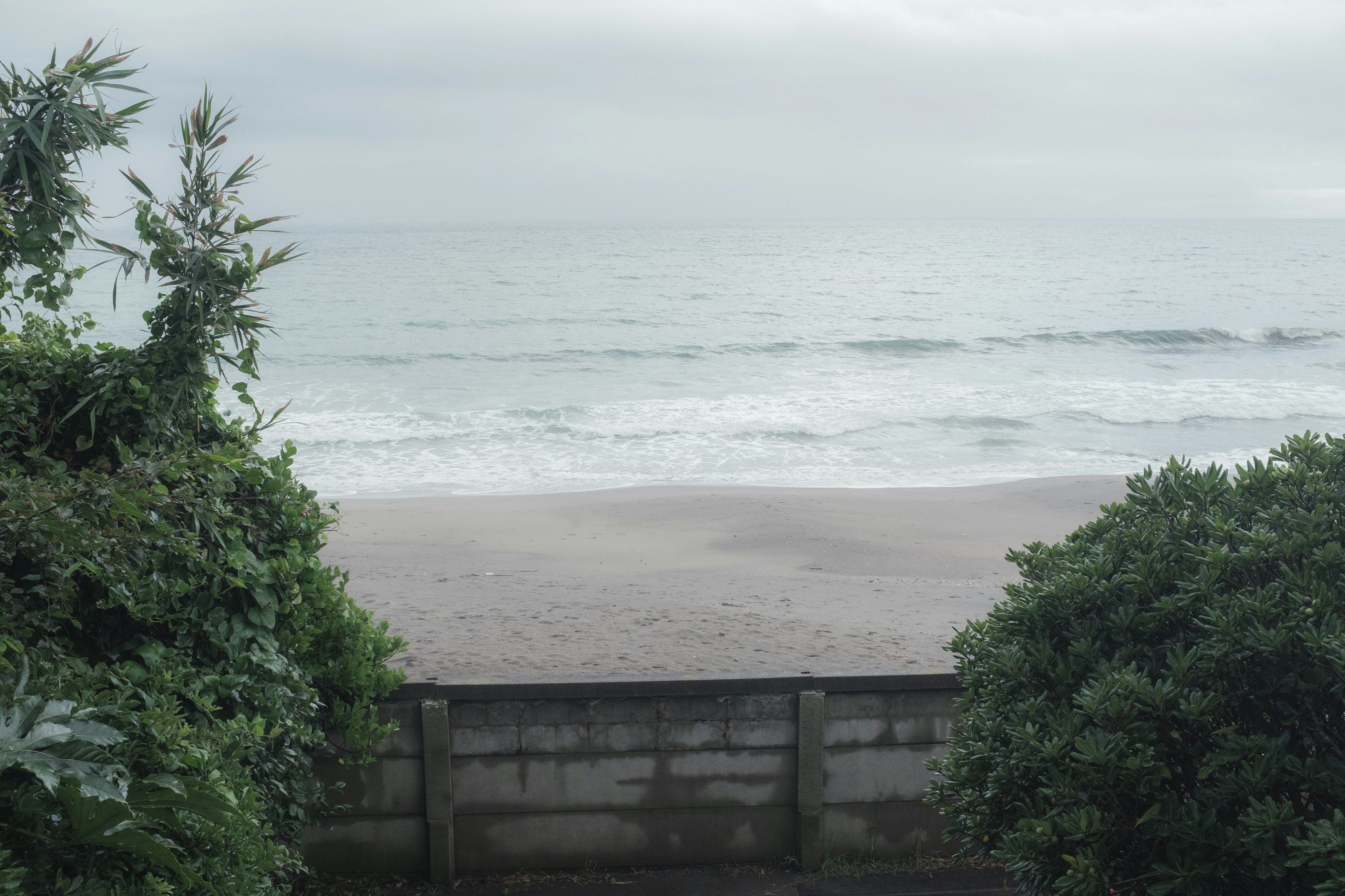 Blick auf einen Strand mit Wellen unter einem bewölkten Himmel umrahmt von Grün