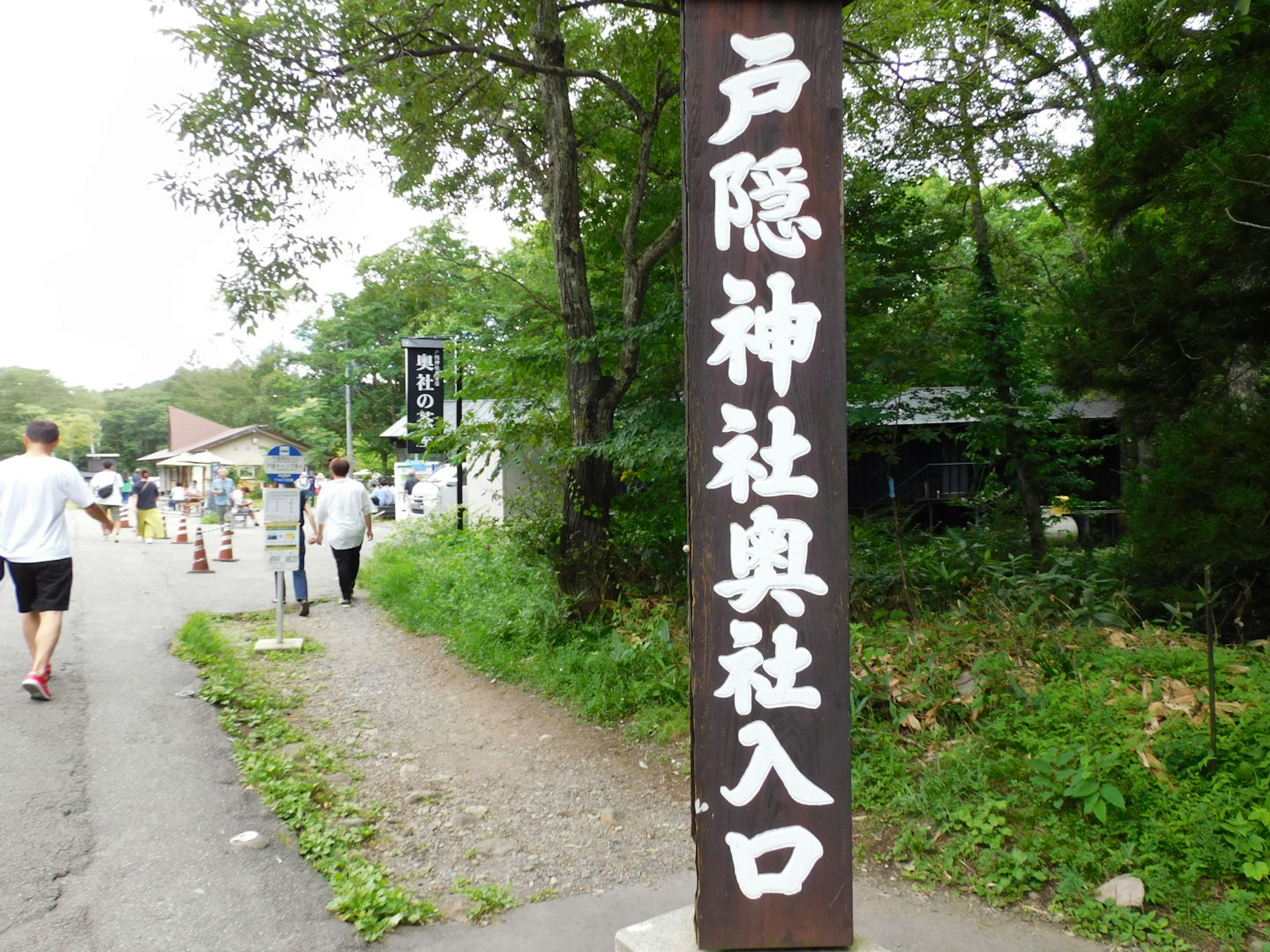 Cartel que indica la entrada al Santuario Togakushi con vegetación exuberante alrededor