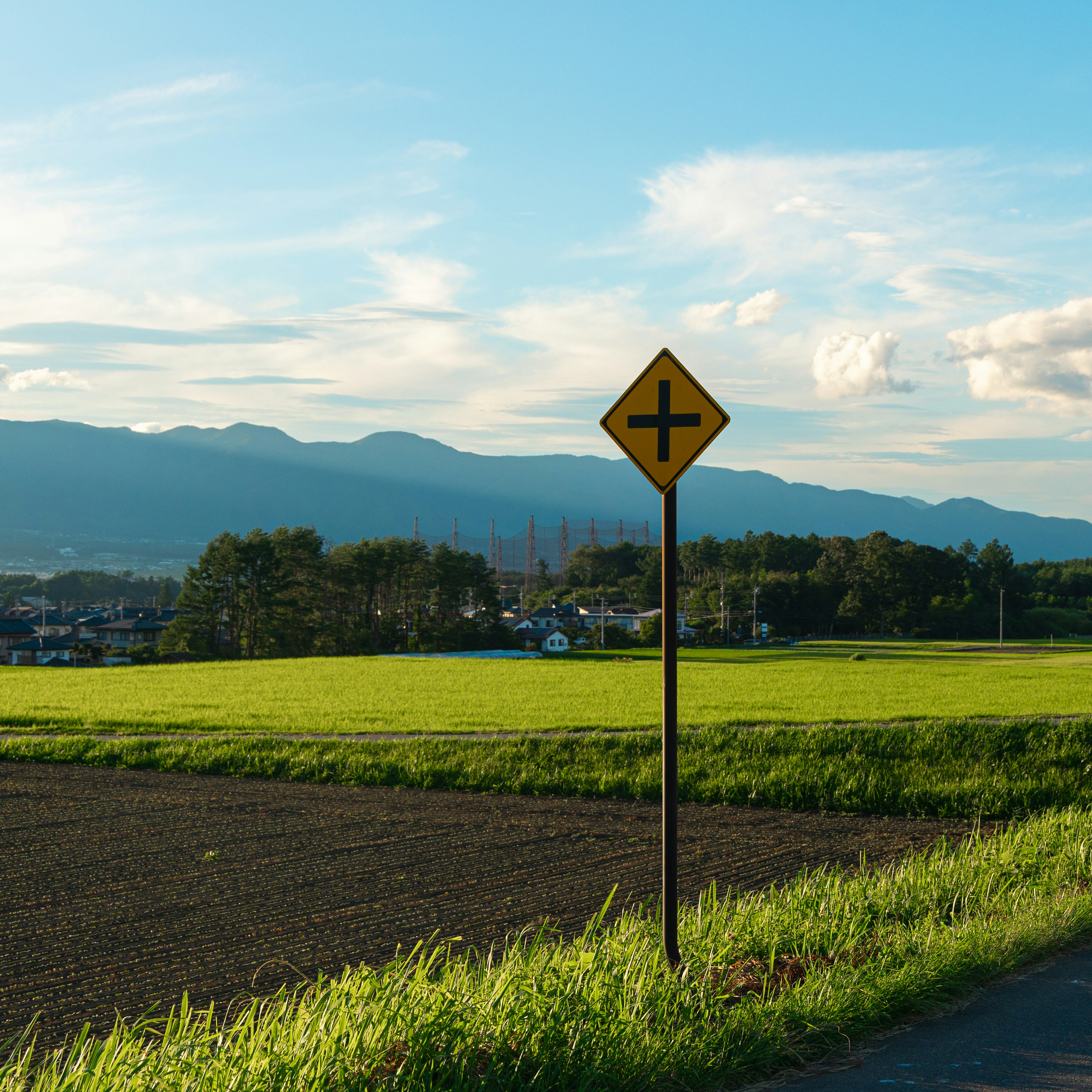 緑の田んぼと山々の背景に黄色い標識が立っている風景