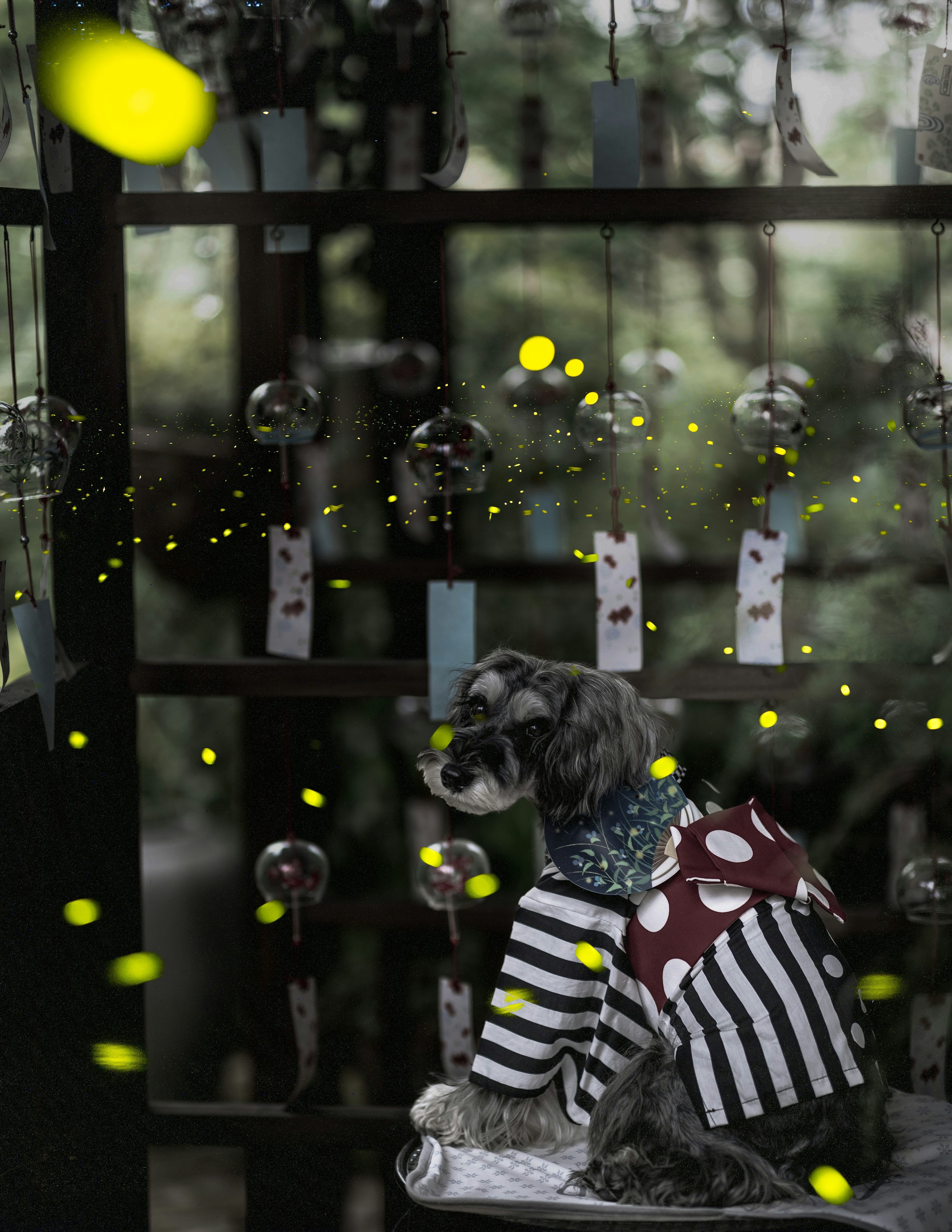 A dog in striped clothing sitting in front of wind chimes with fireflies glowing around