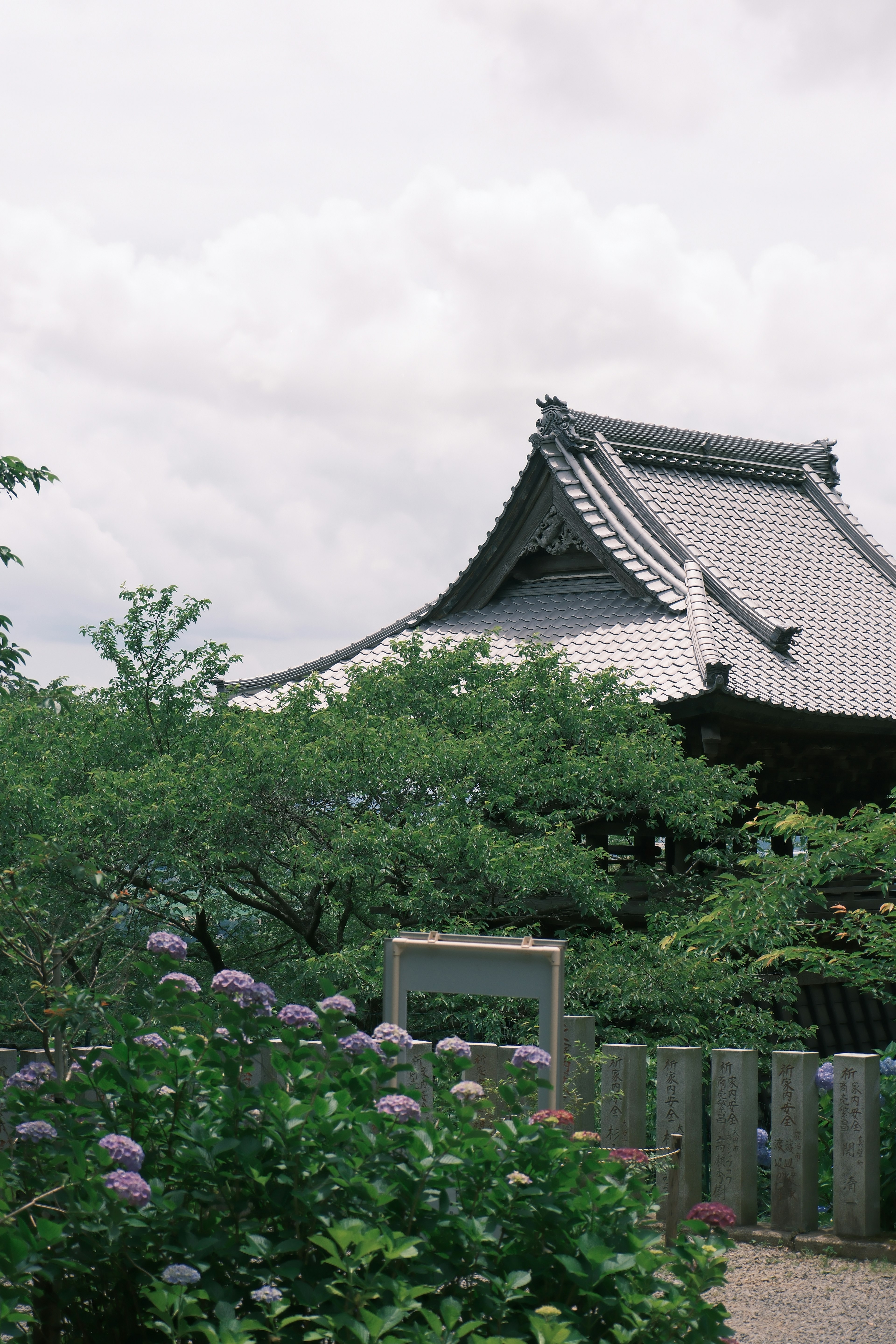 Jardín exuberante con arquitectura japonesa tradicional al fondo