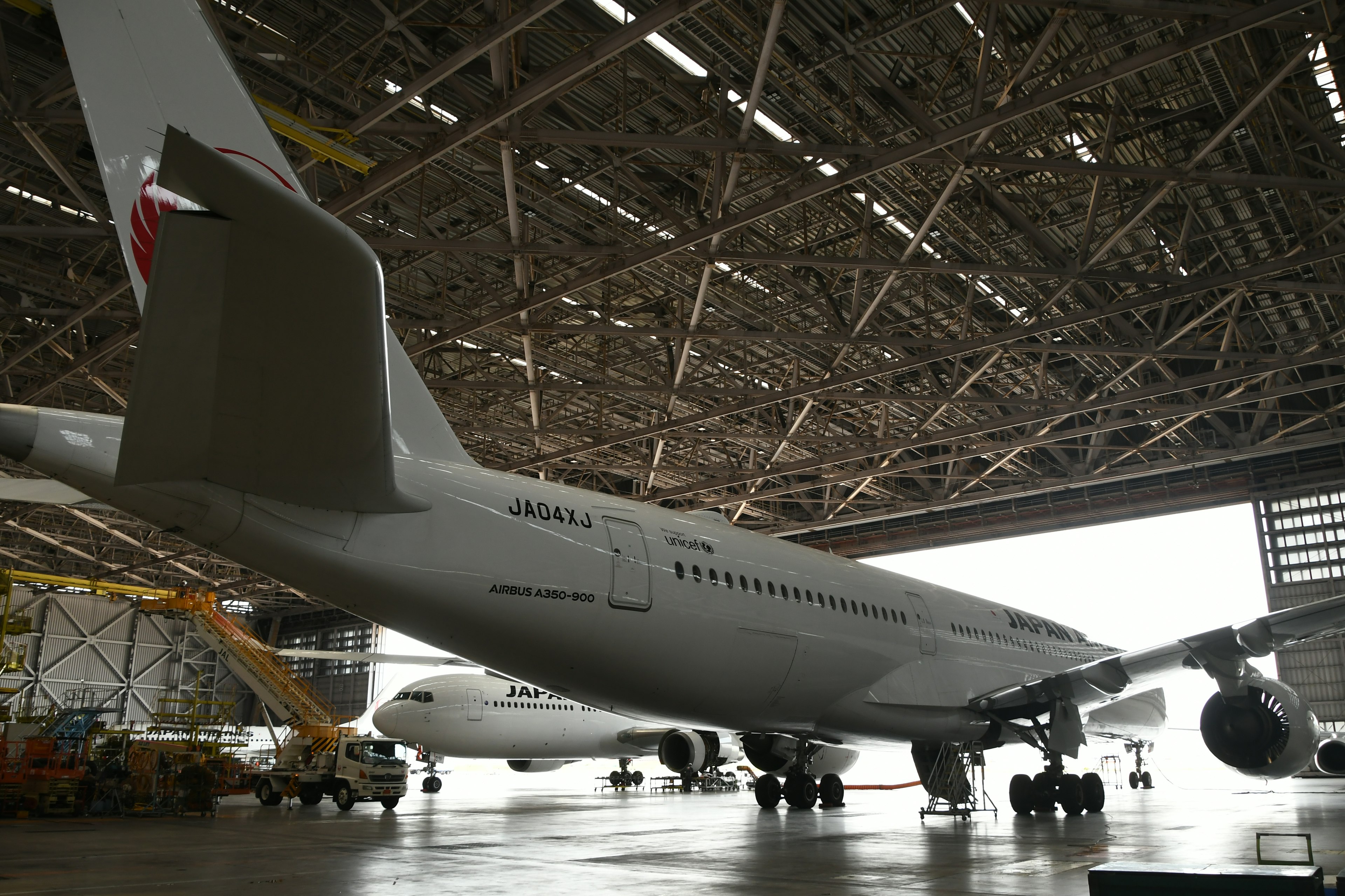 航空機が格納庫にいる様子 構造物の特徴が見える