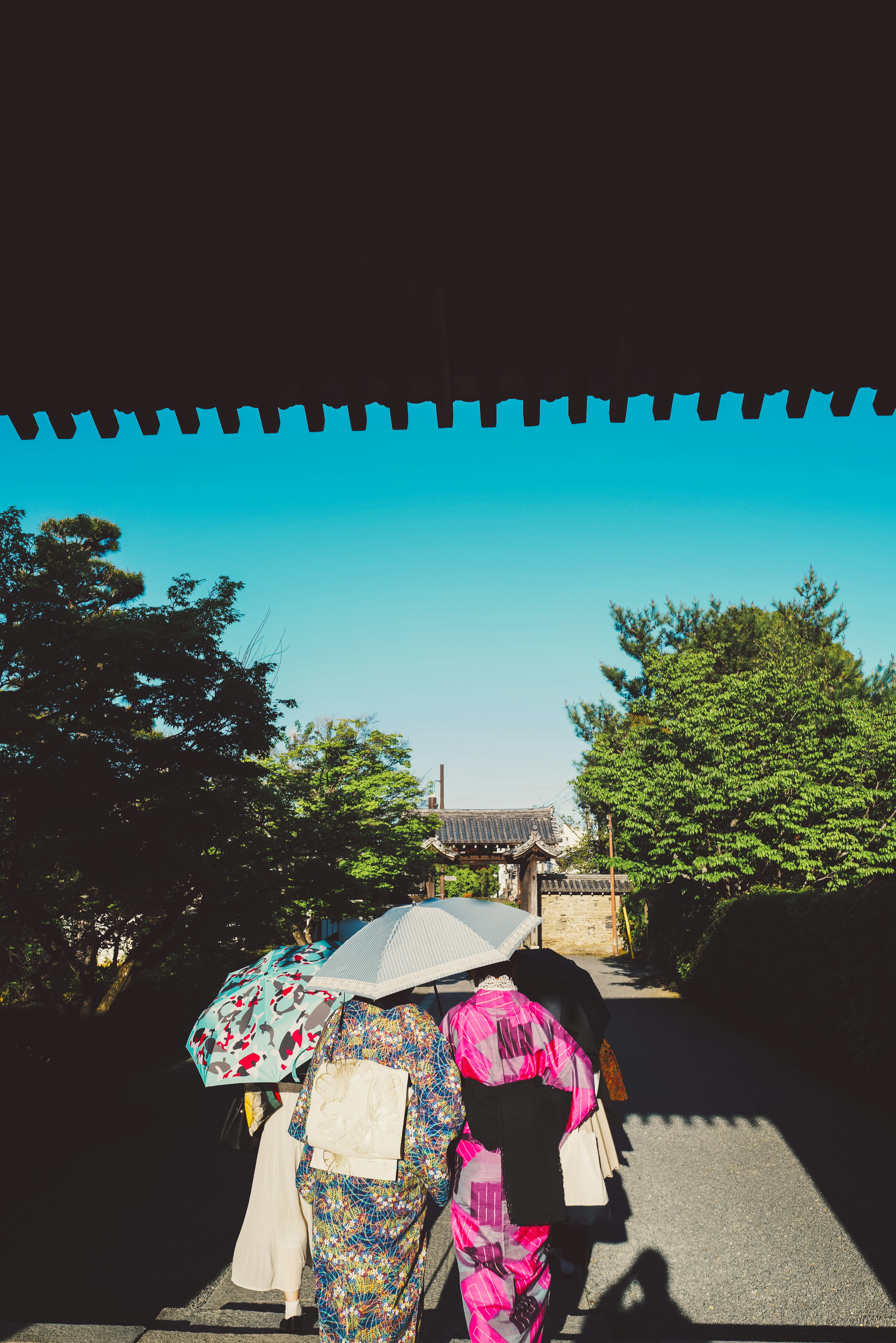 Dos mujeres en kimonos tradicionales caminando bajo paraguas en un entorno exterior sereno