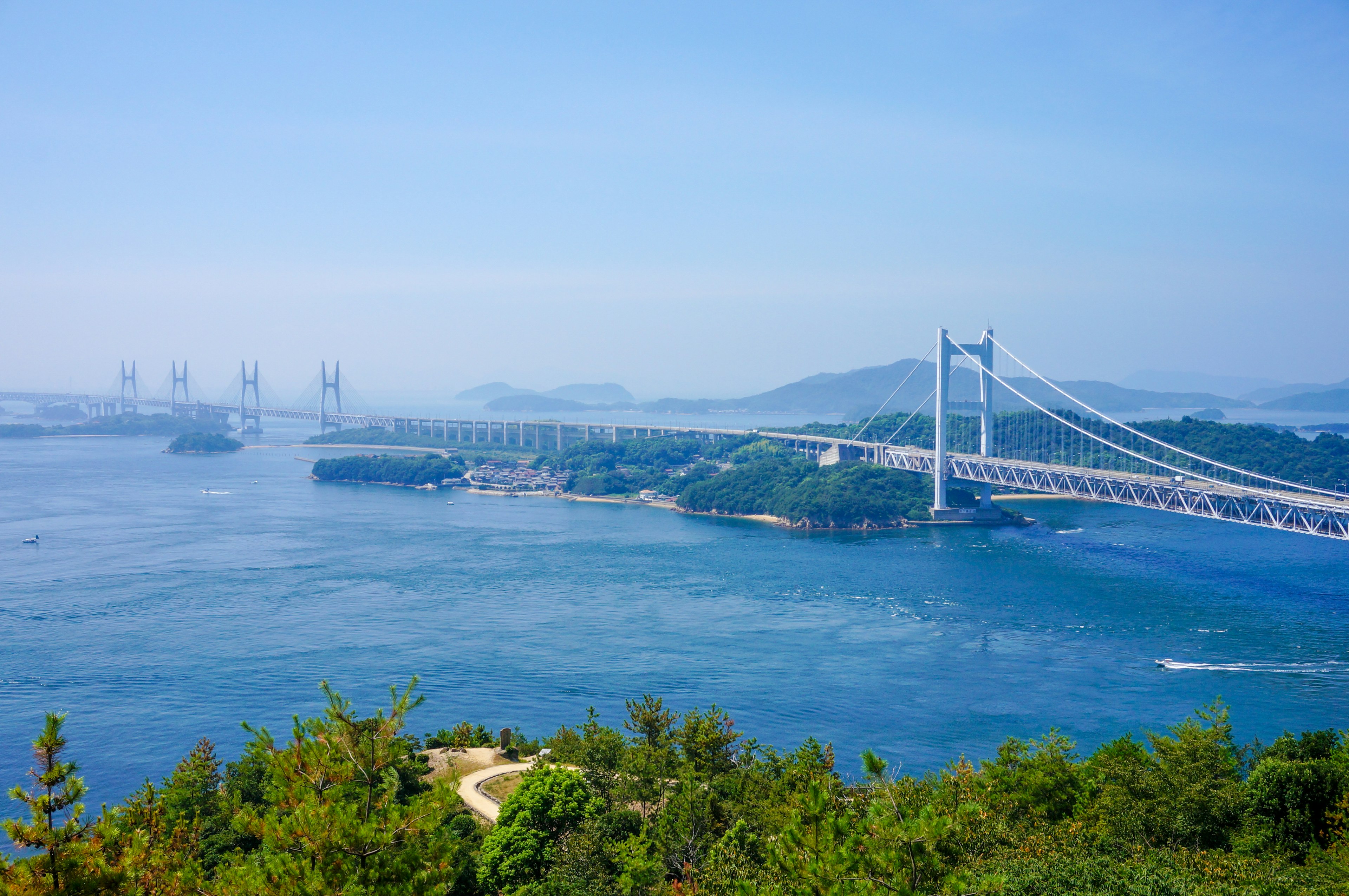 Scenic view of a blue sea and bridge with clear sky and green trees in the foreground