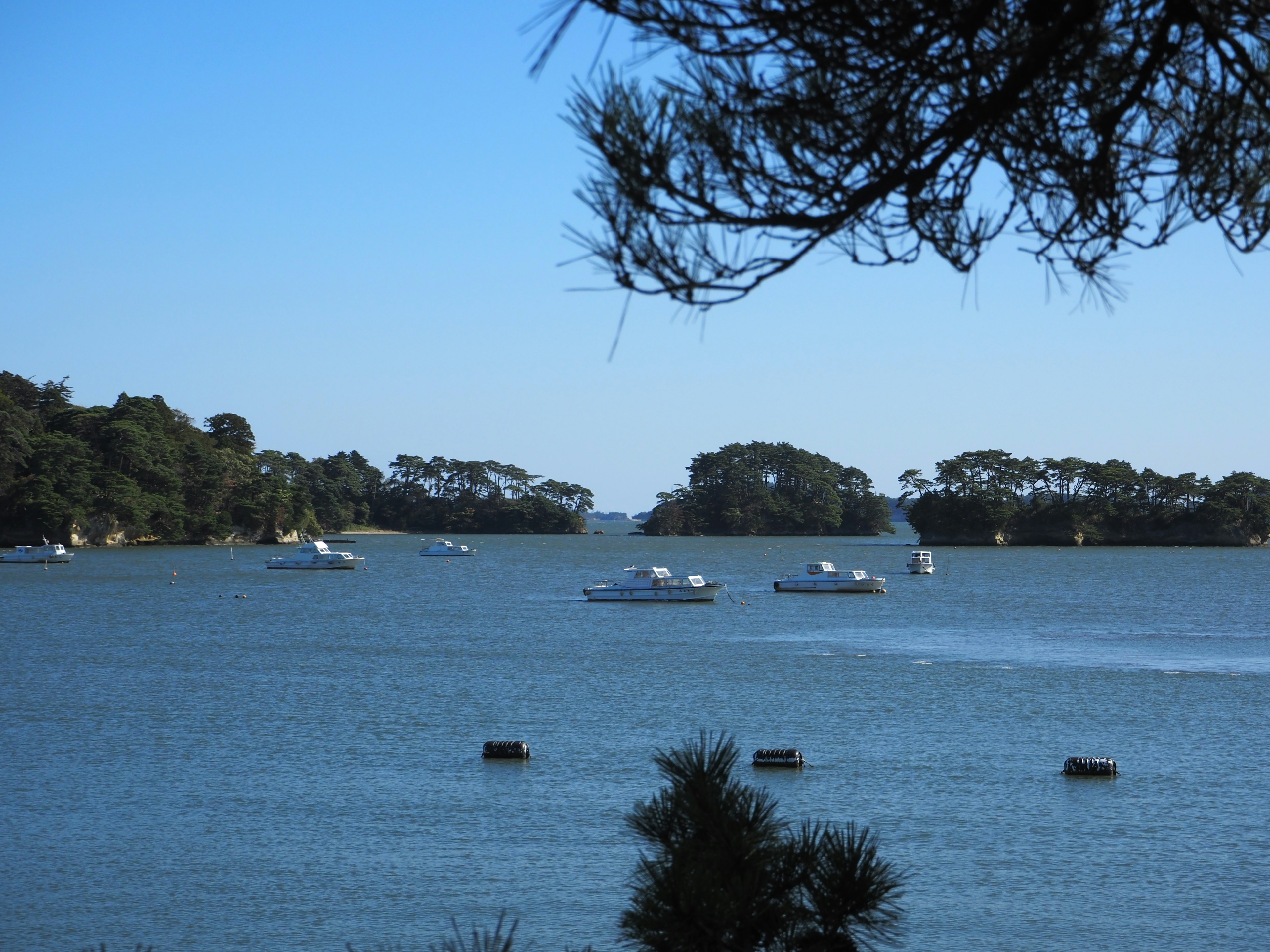 Aguas tranquilas con botes e islas verdes al fondo