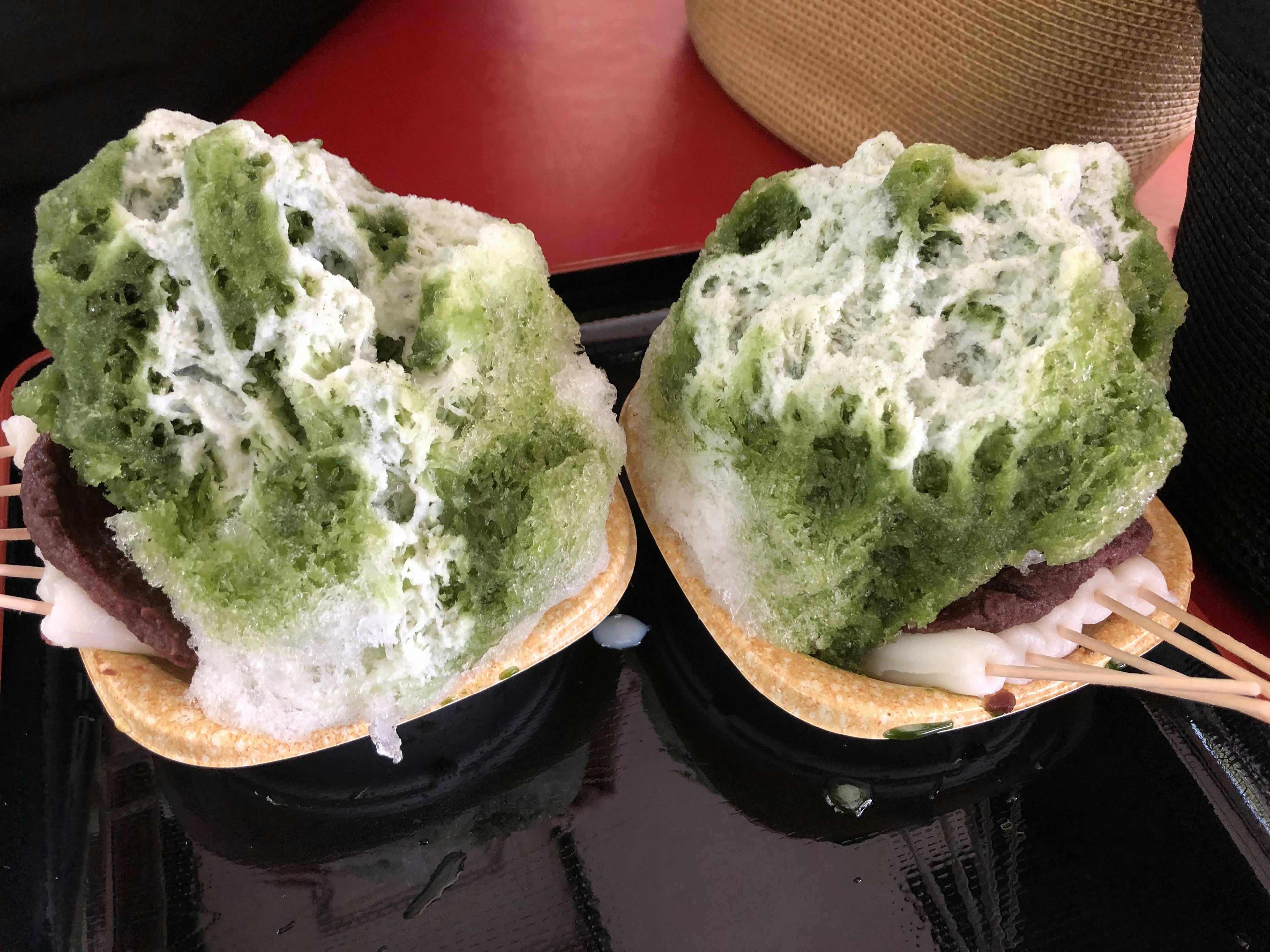 Japanese sweets topped with green sponge-like texture