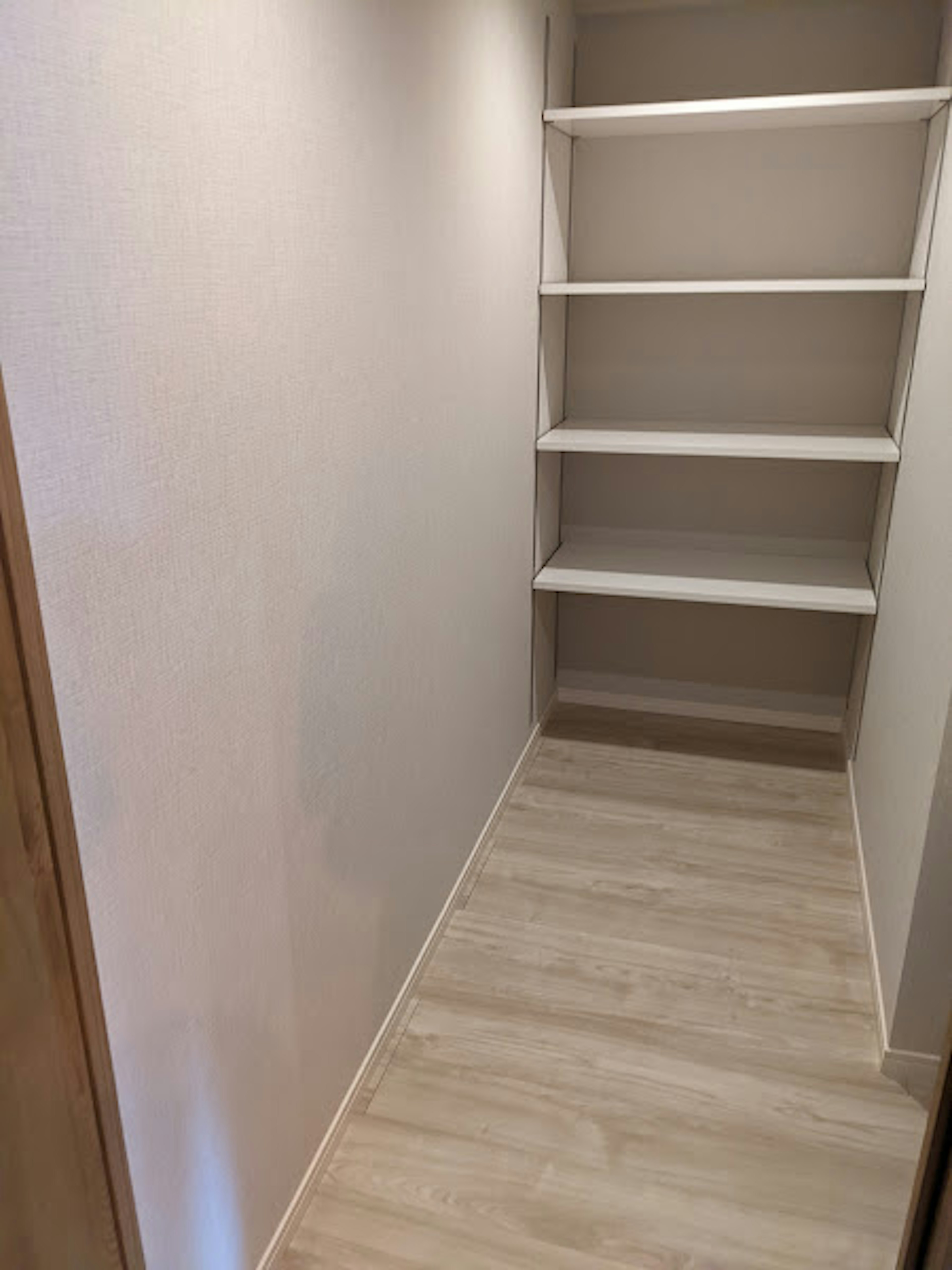 Storage space with light-colored walls and white shelves