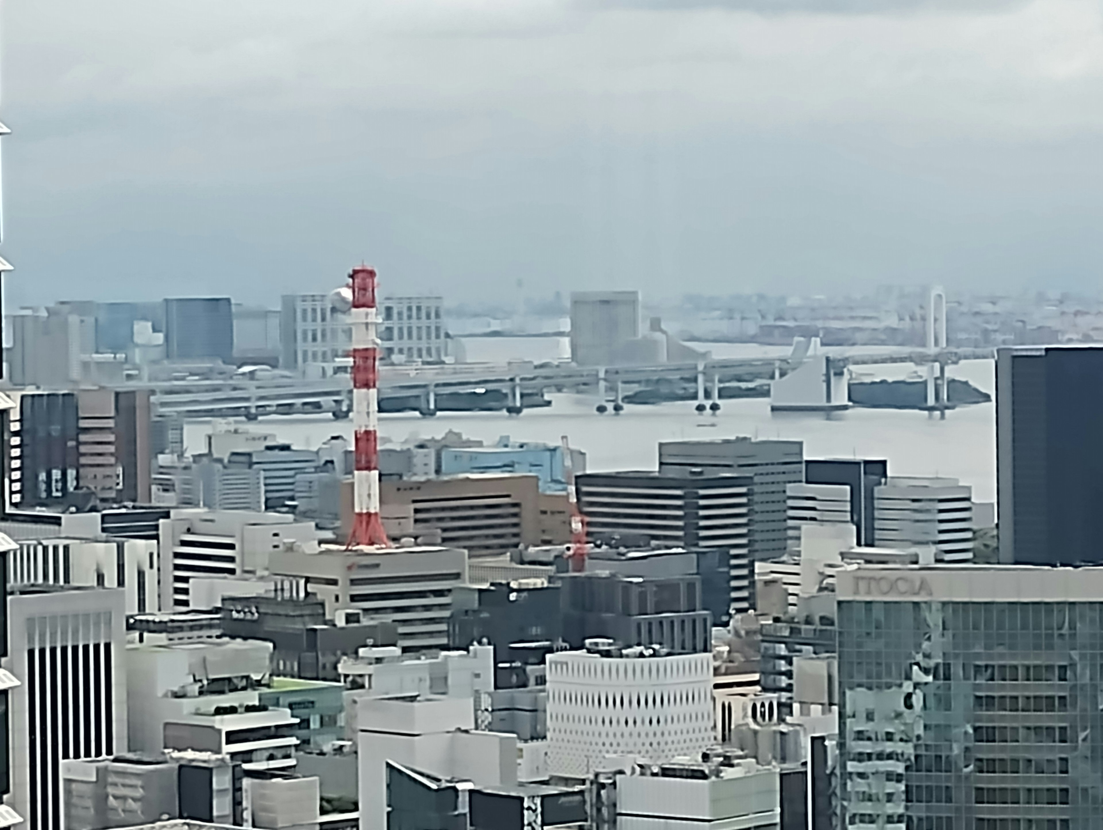 Urban view of Tokyo featuring the sea nearby with a prominent red and white smokestack and skyscrapers