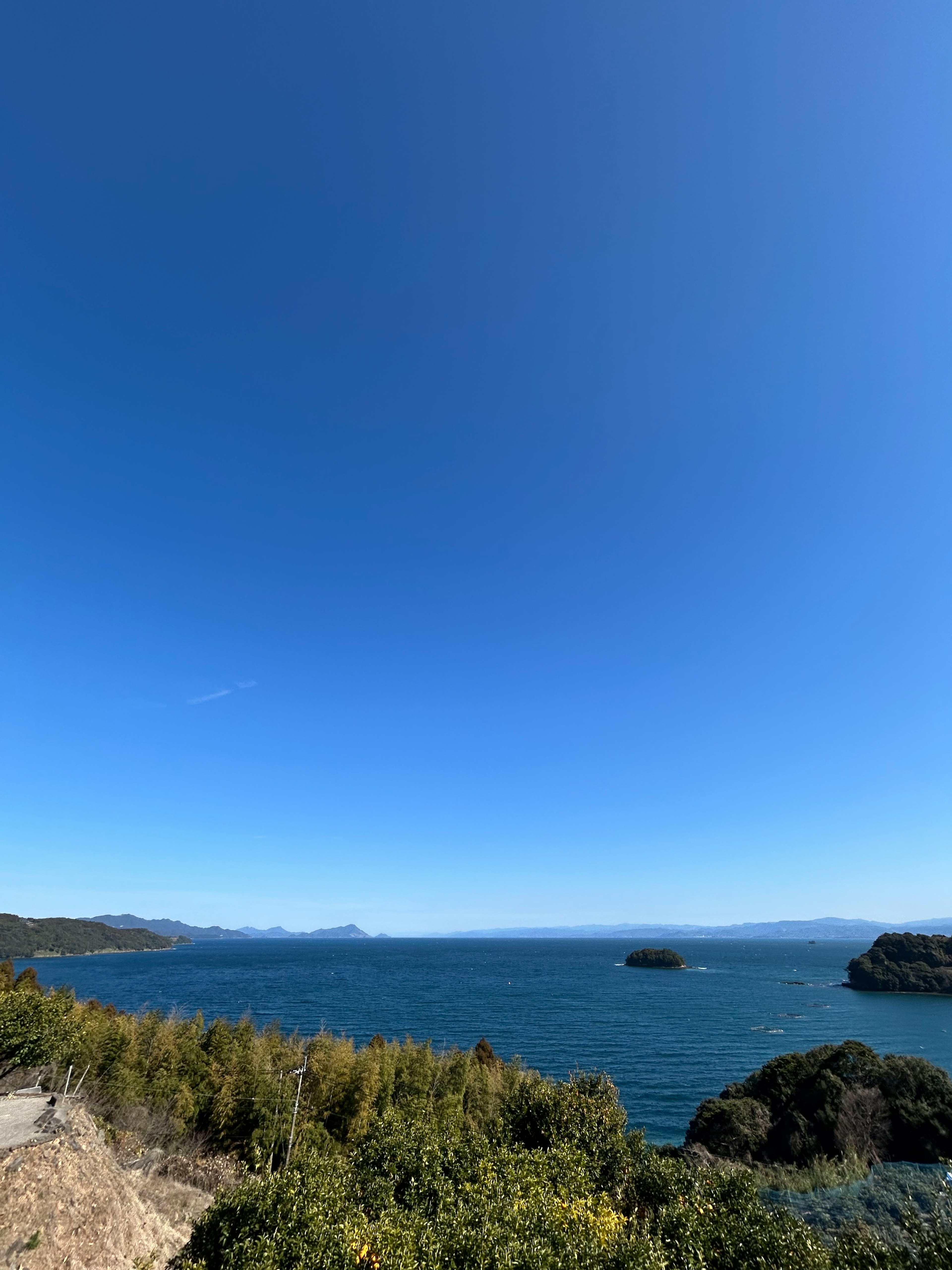 Panoramablick auf einen blauen Himmel und ein ruhiges Meer mit grüner Vegetation im Vordergrund