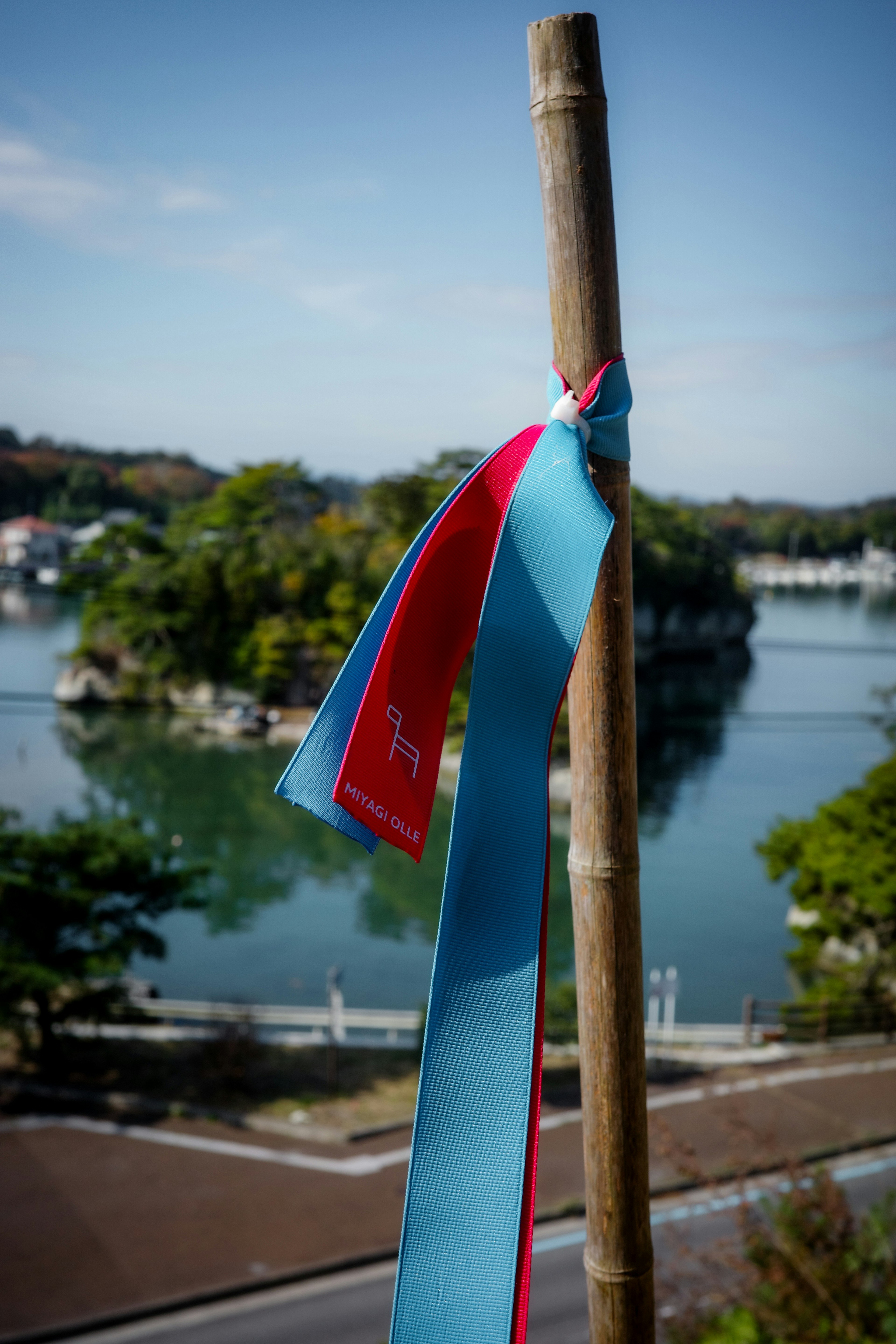 Un poteau en bambou orné de rubans bleu et rouge près d'un lac entouré de verdure