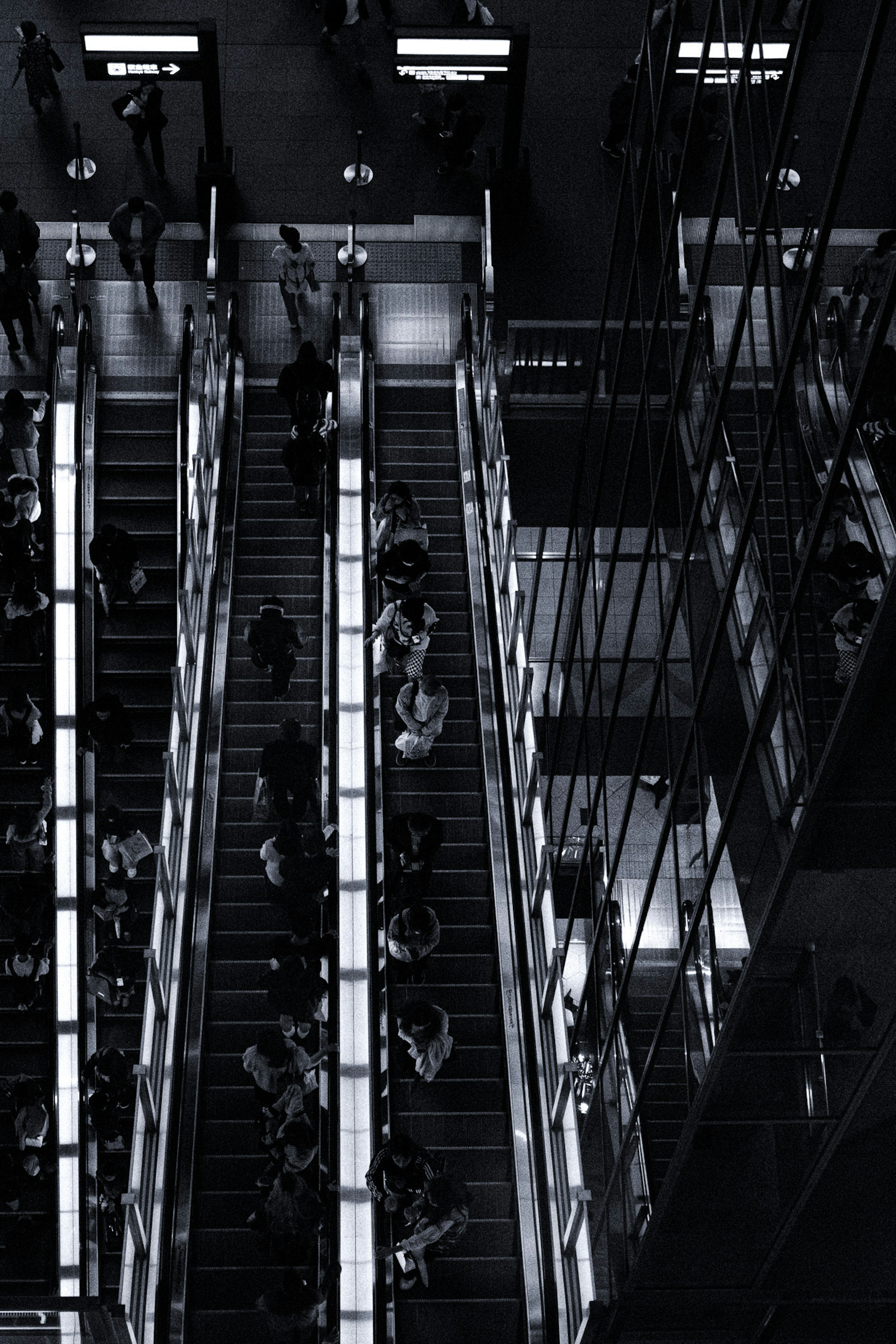 高層ビル内の階段を上る人々の白黒写真