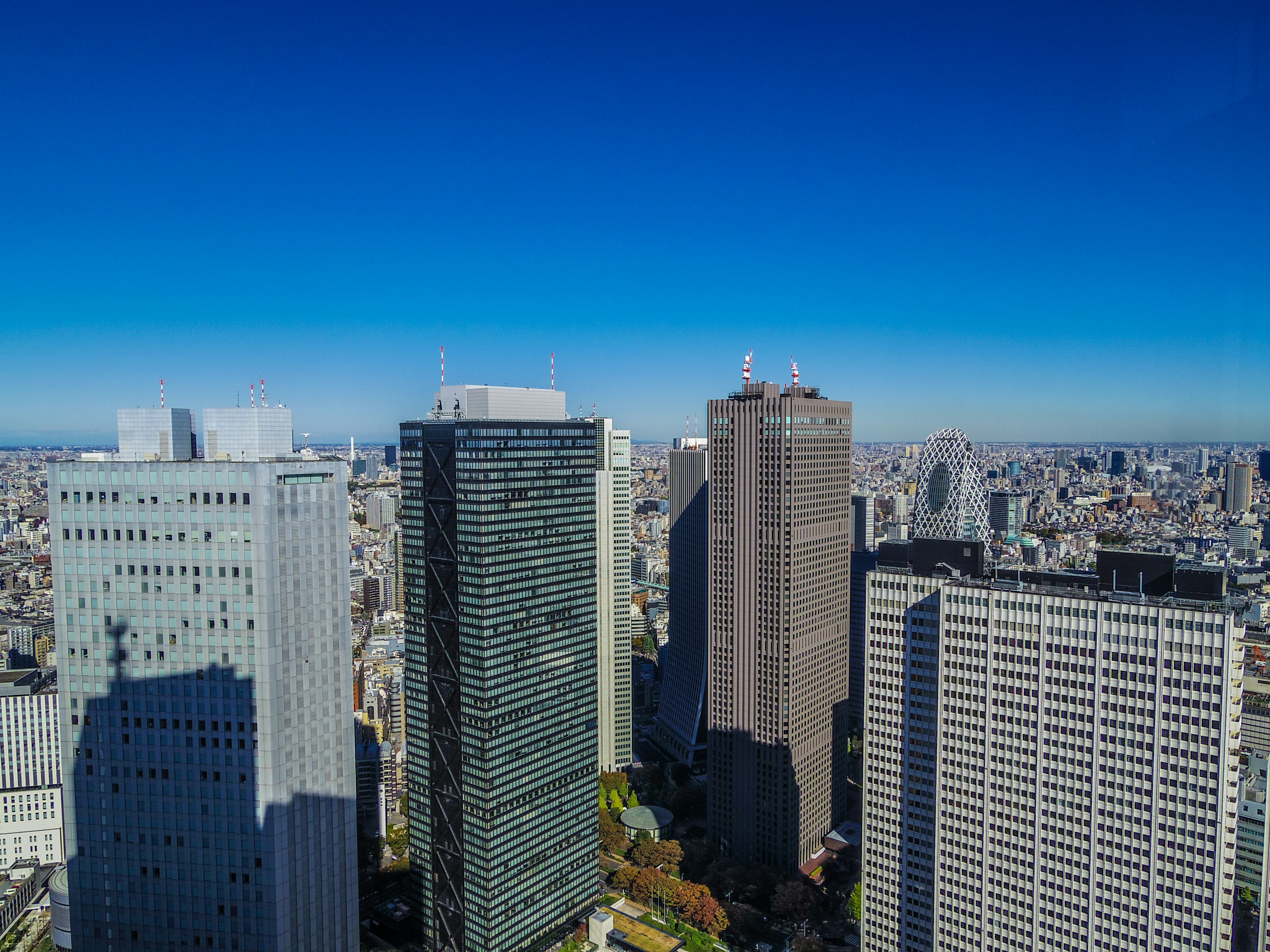 Aerial view of Tokyo skyscrapers with clear blue sky