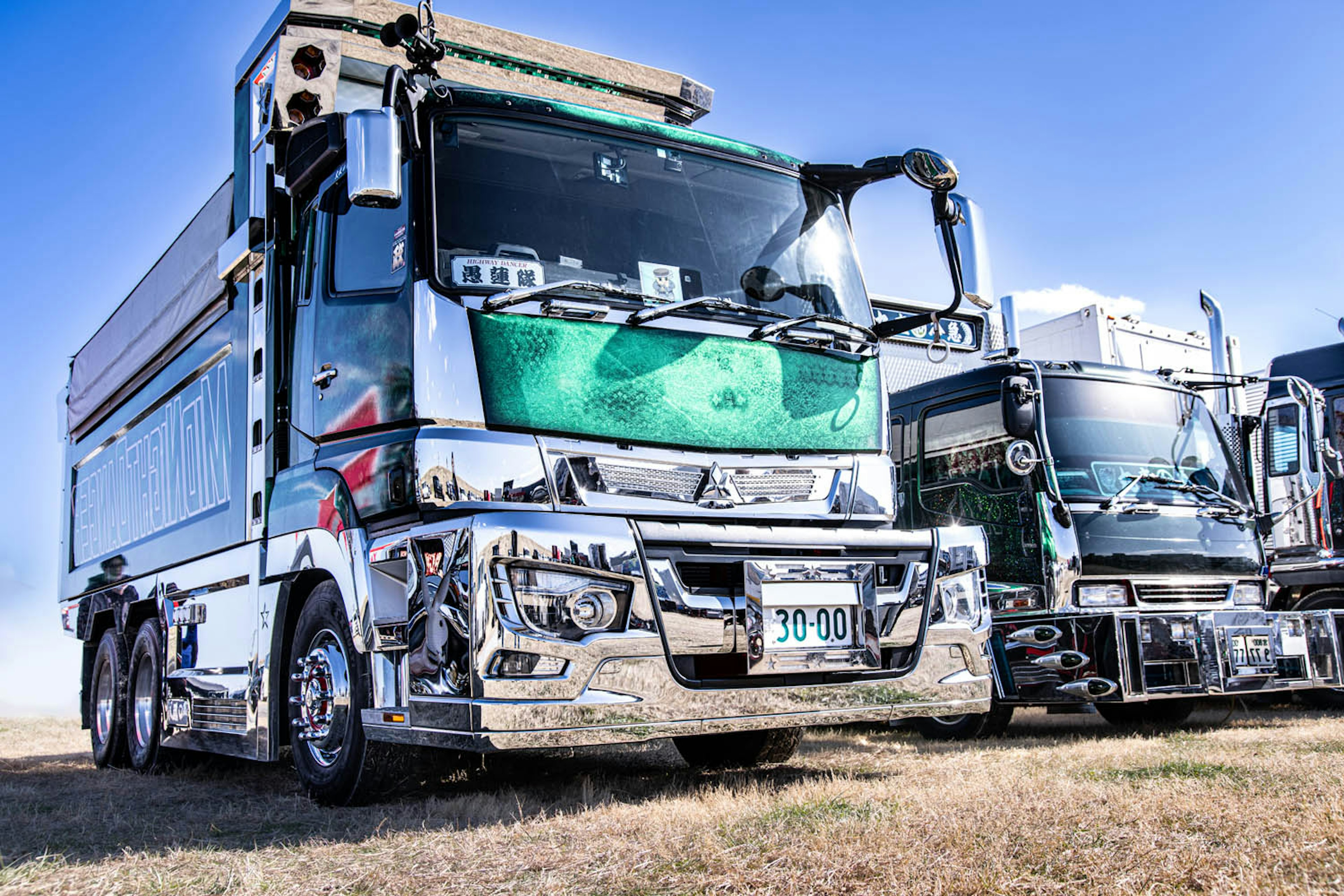 Camion lucido allineato sotto un cielo blu