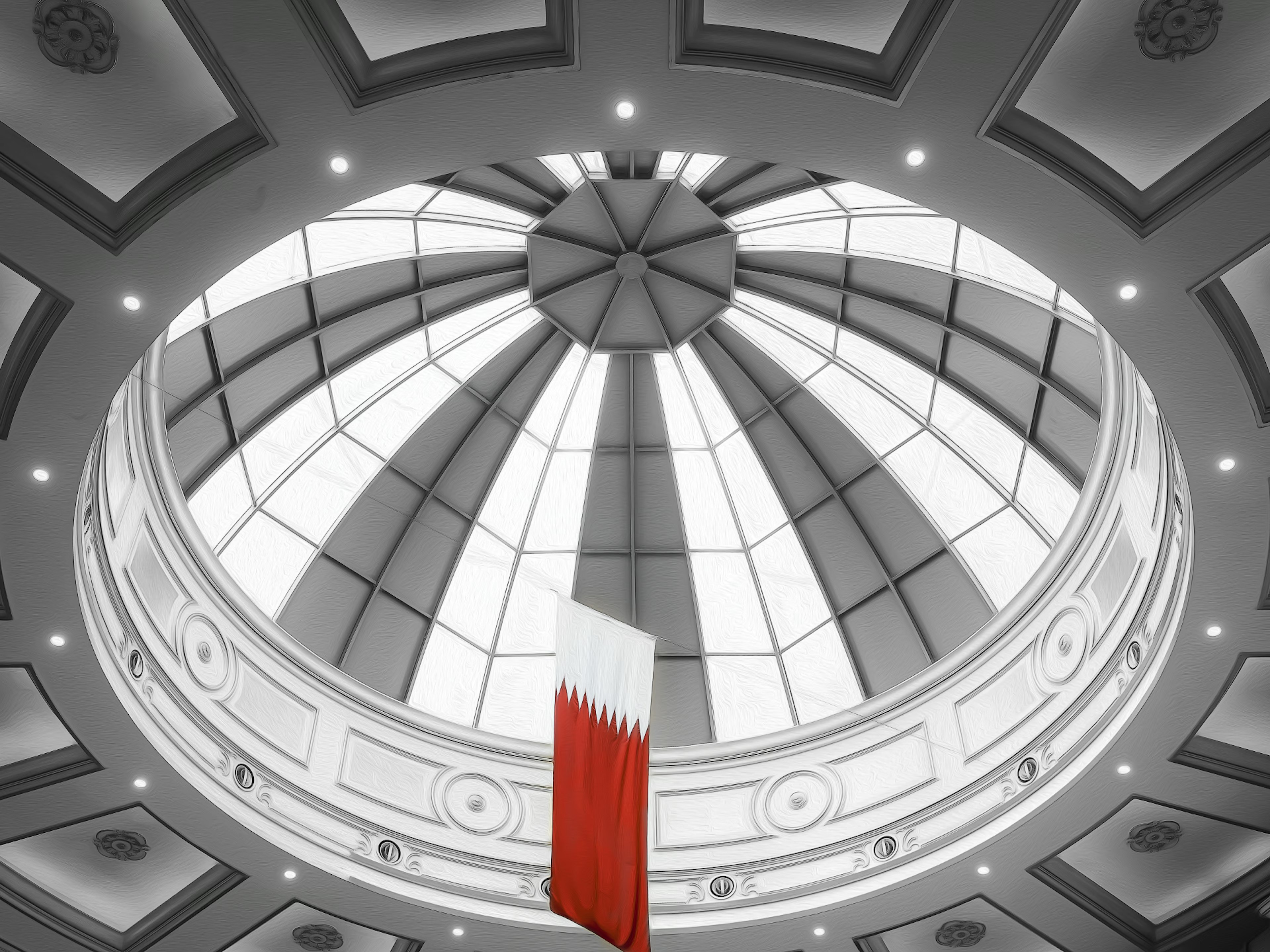 Interior of a domed ceiling with the red and white flag of Qatar hanging